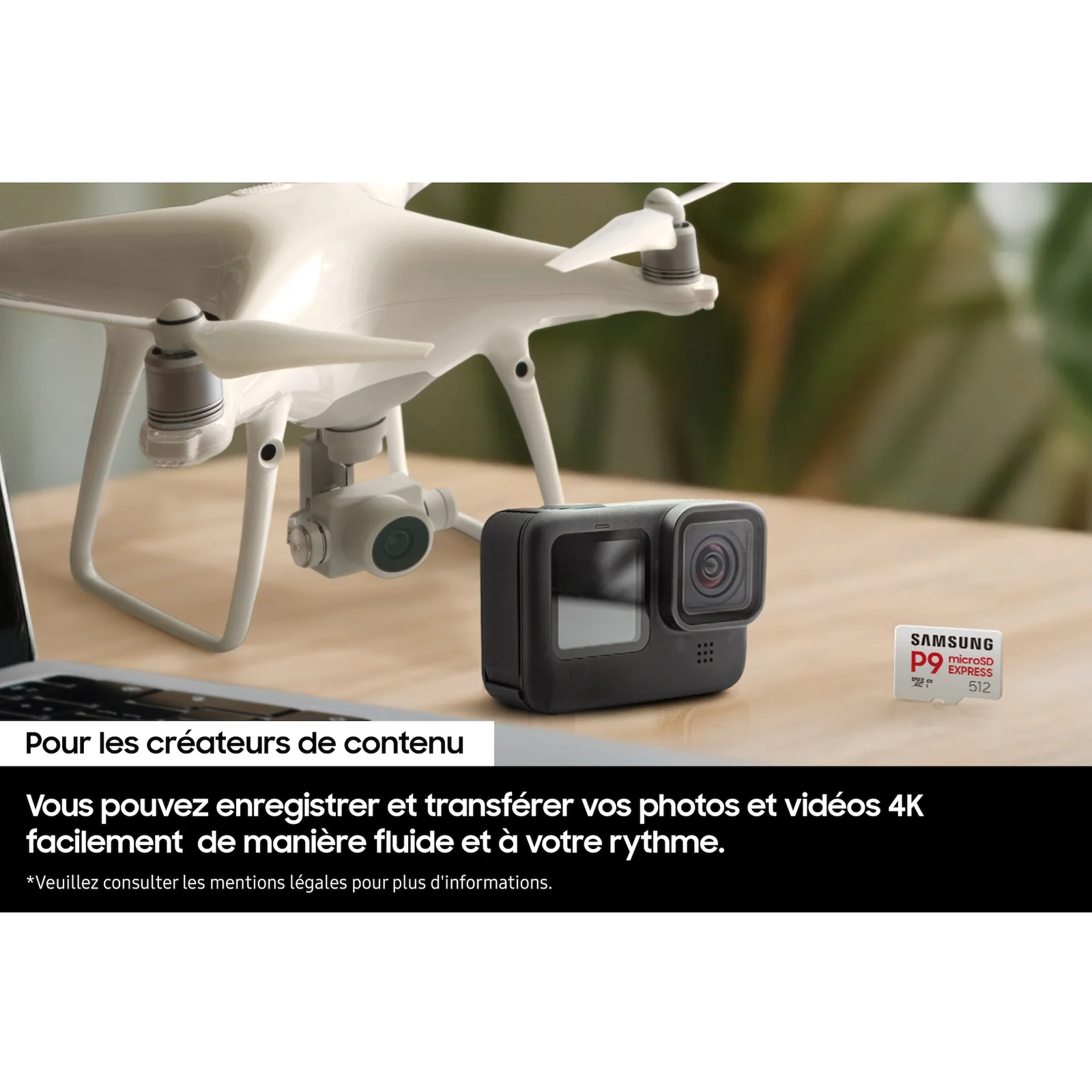 Samsung P9 Express 512 posée près d'un drone et d'une caméra d'action sur un bureau, visuel créateurs de contenu