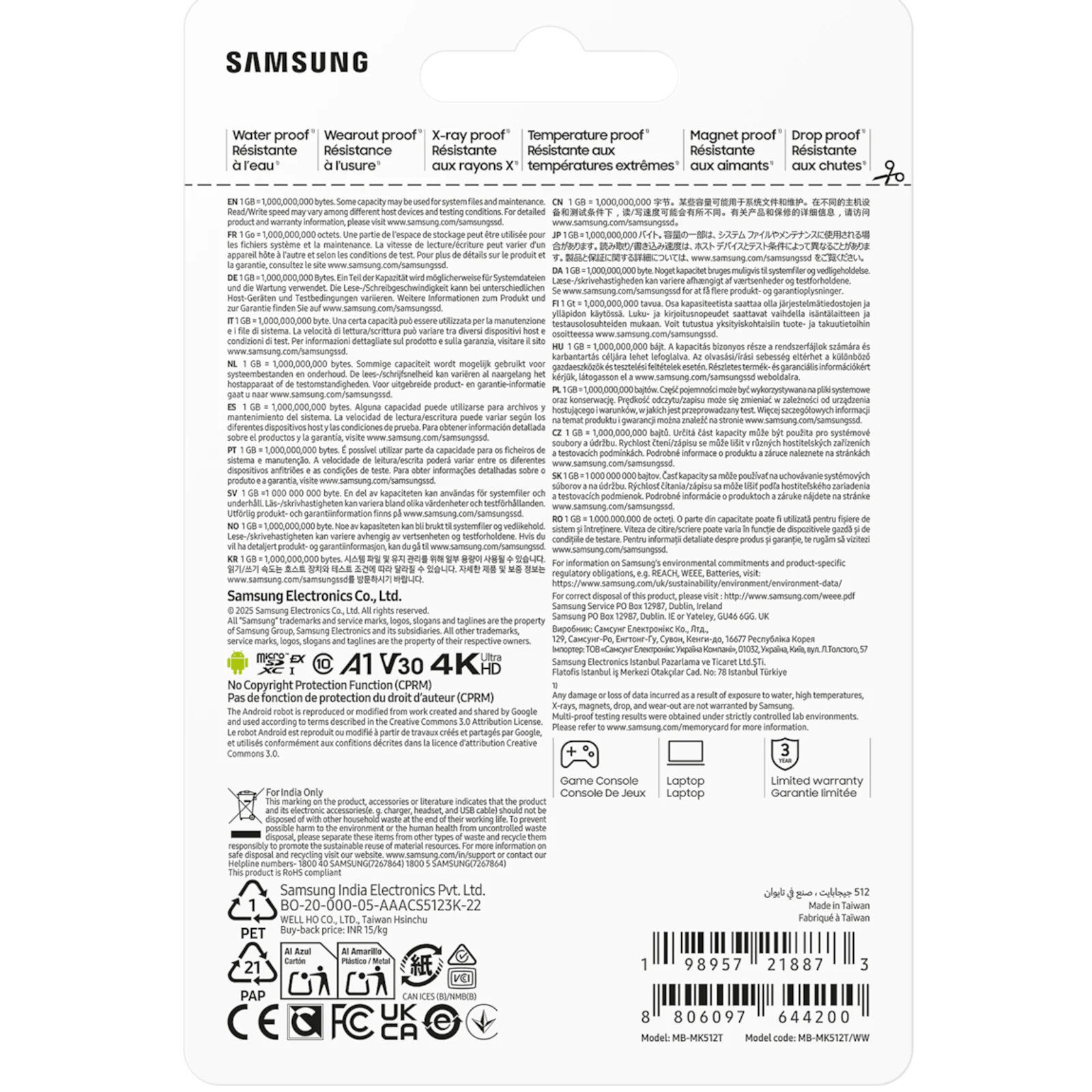 Dos de la carte Samsung P9 Express 512 Go affichant les certifications A1 V30 4K et mentions légales