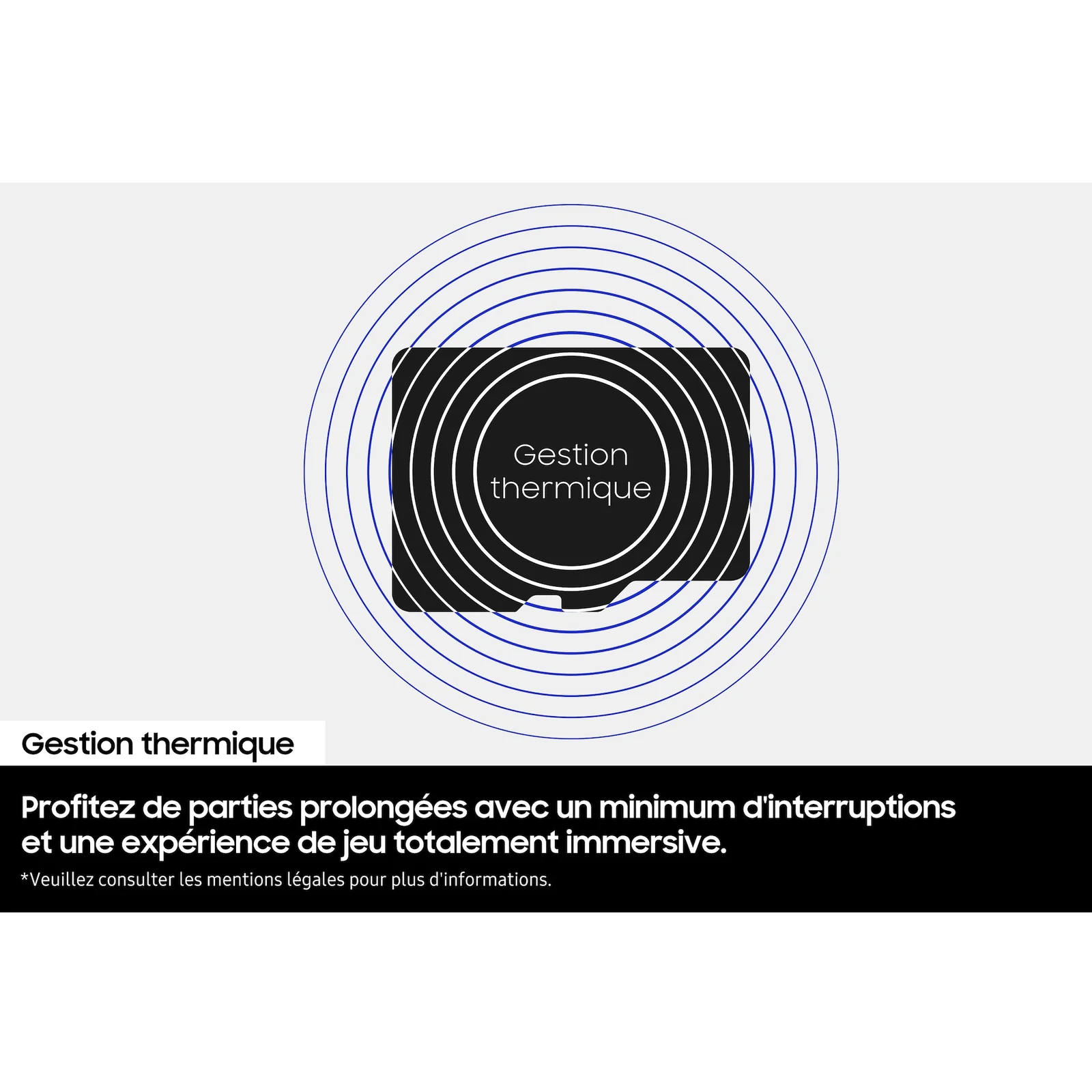 Infographie gestion thermique Samsung P9 Express, carte entourée de cercles concentriques et texte sur sessions de jeu prolongées