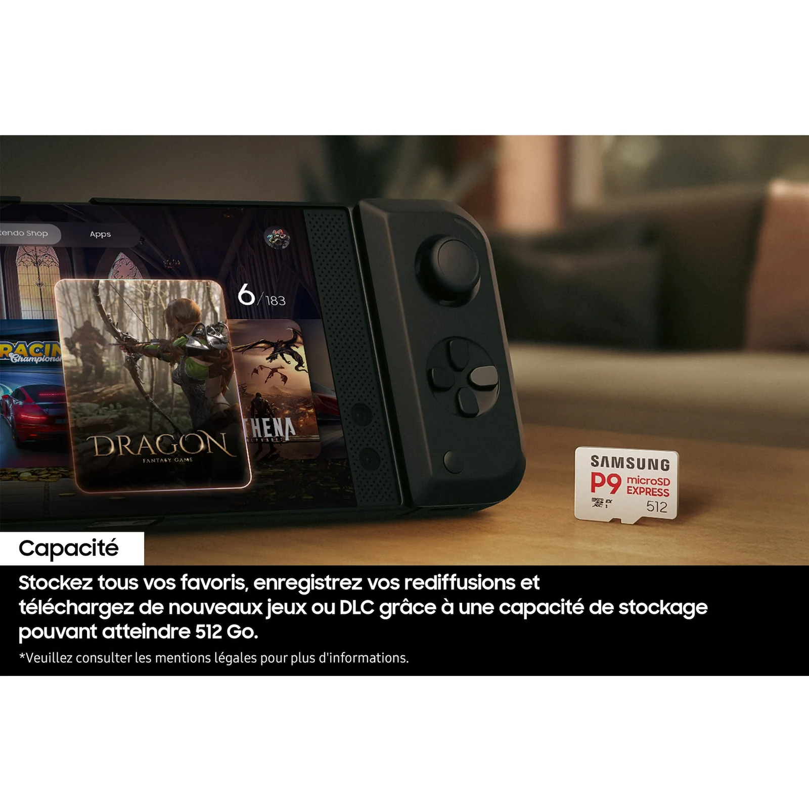 Carte Samsung P9 Express 512 posée à côté d'une console portable avec jeux à l'écran, visuel autour de la capacité de stockage