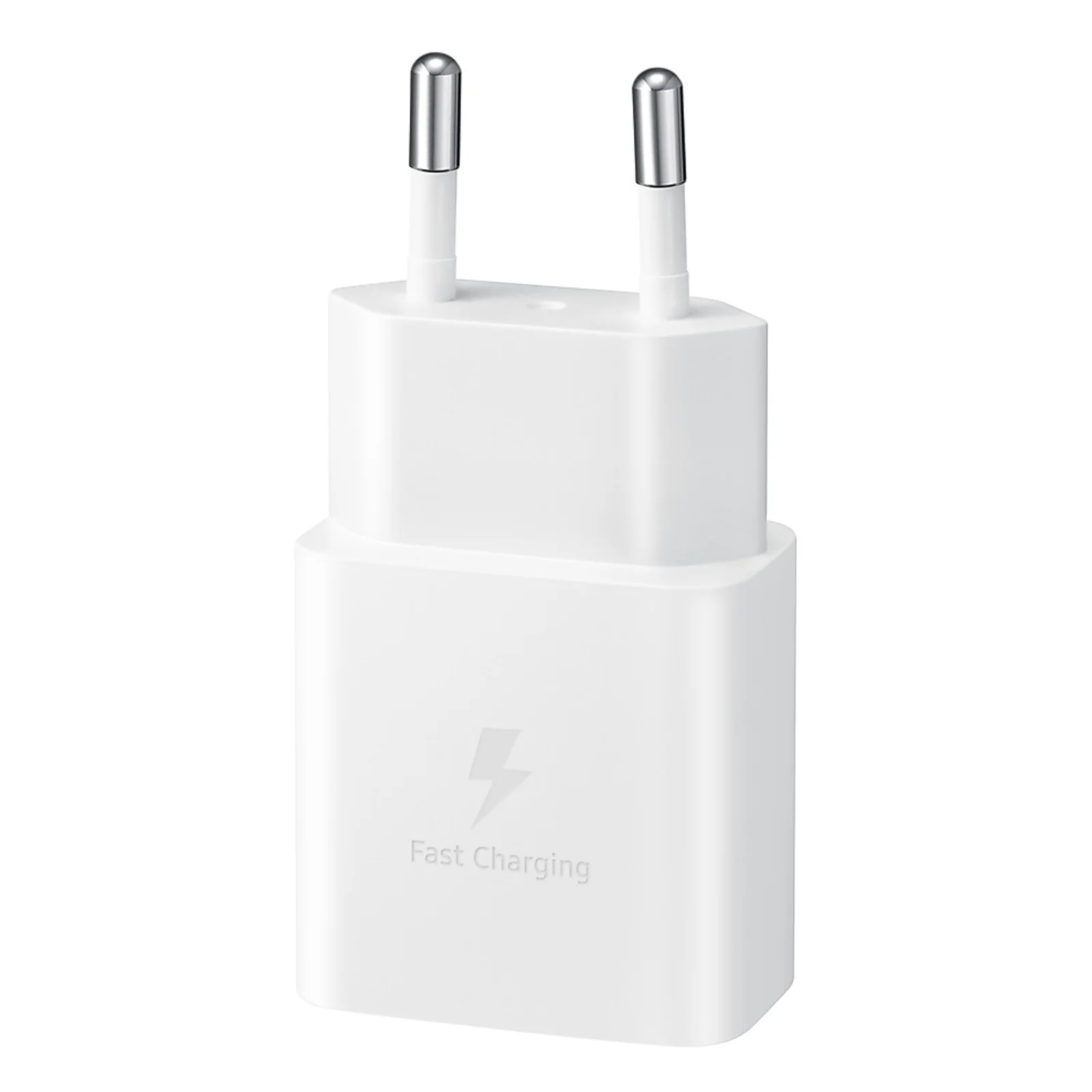Chargeur Samsung 15 W blanc, vue de face, prise EU ronde, logo Fast Charging avec éclair sur le corps