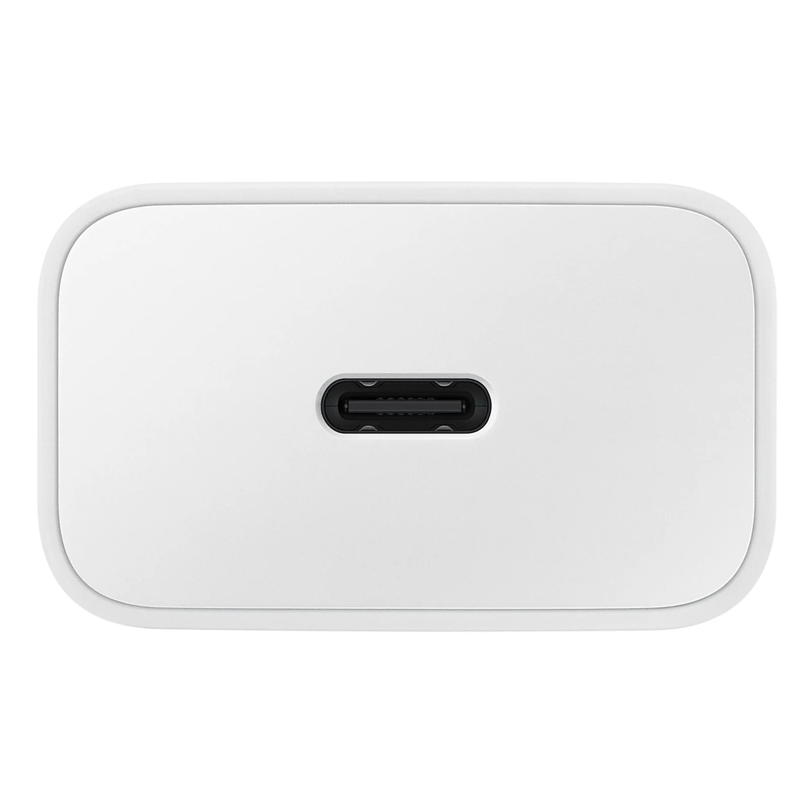 Chargeur Samsung 15 W blanc, vue du dessous montrant le port USB-C centré