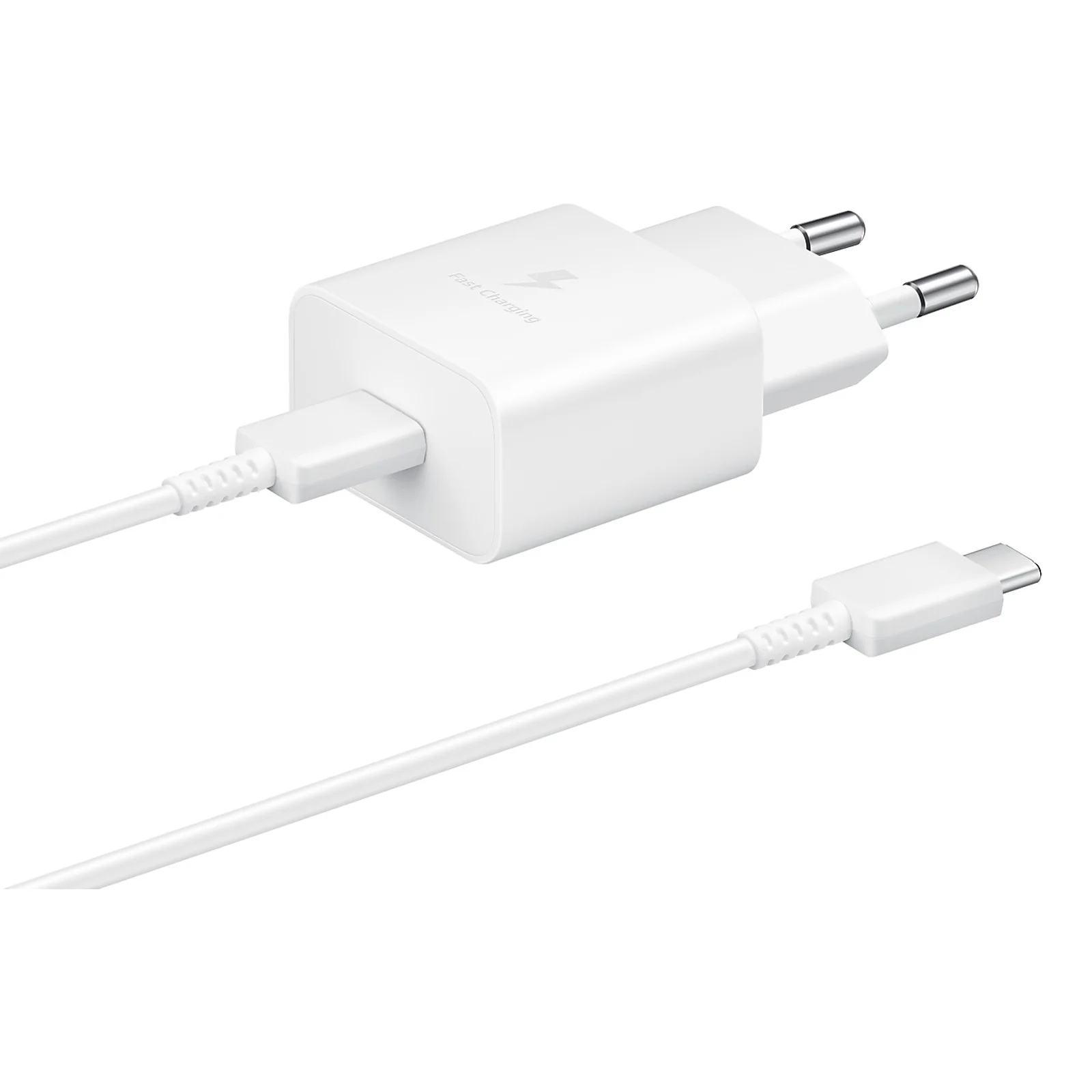 Chargeur Samsung 15 W blanc avec câble USB-C vers USB-C de 1 m déroulé à côté