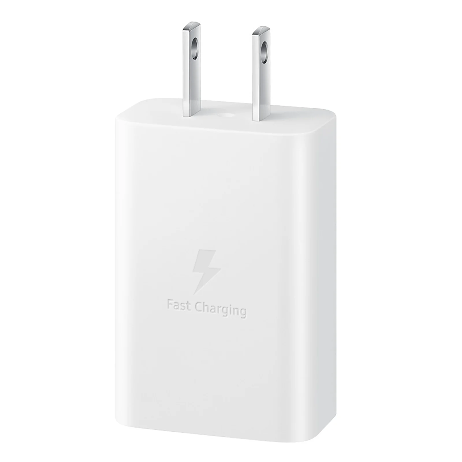 Chargeur Samsung 15 W blanc, vue de face avec fiche américaine, logo Fast Charging et éclair