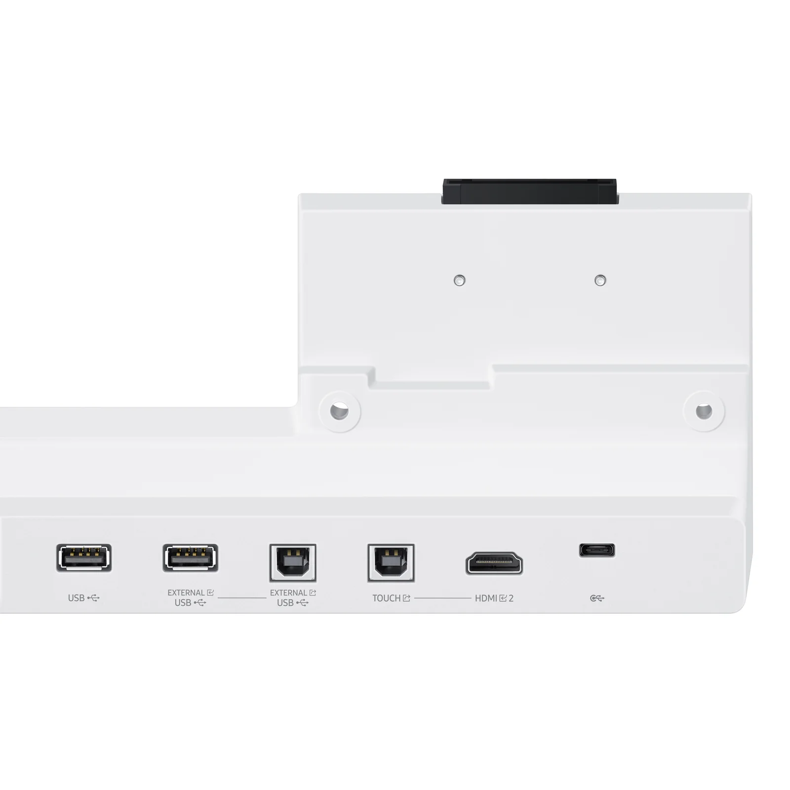 Vue rapprochée des ports de connexion en façade, labellisés USB, External USB, Touch, HDMI 2 et USB-C