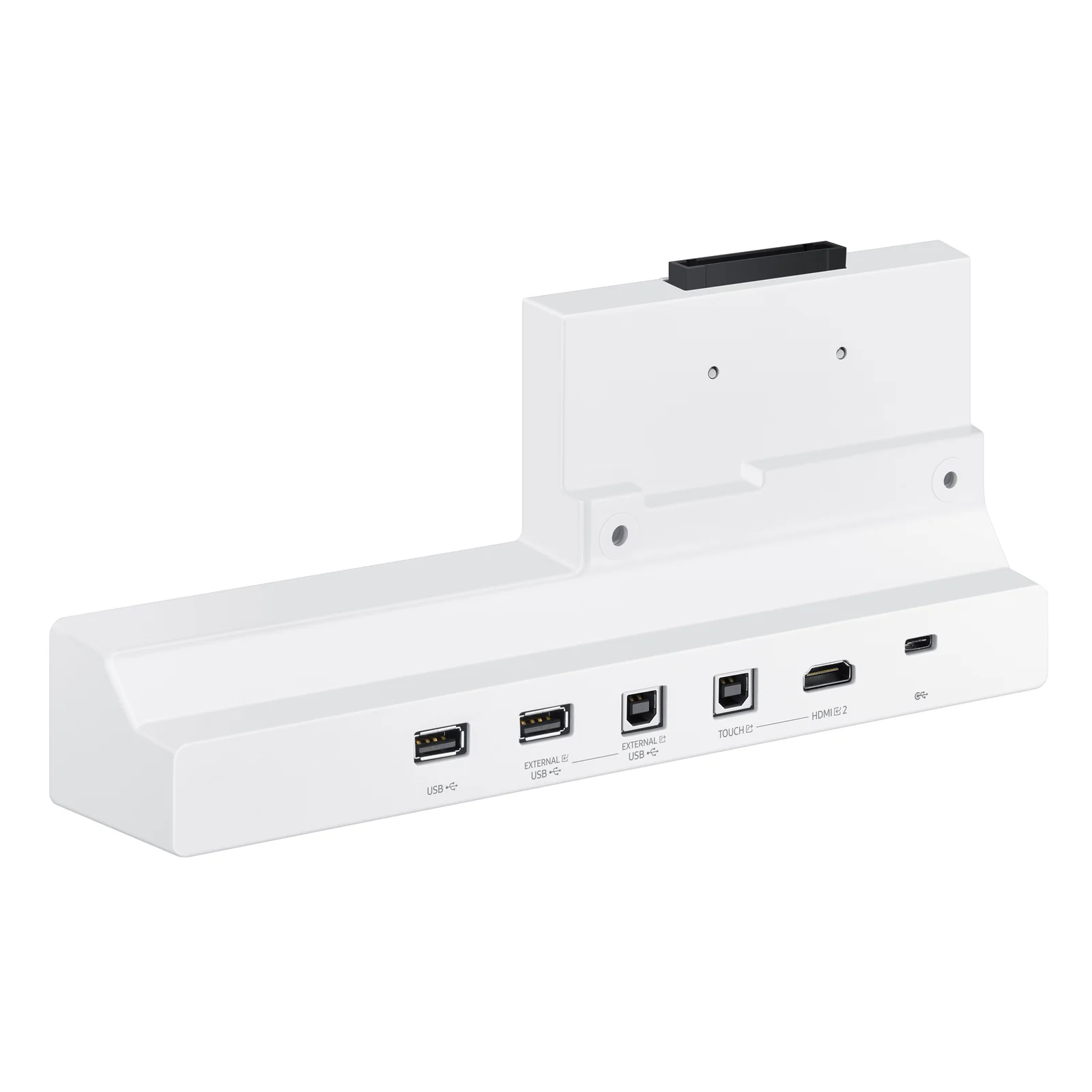 Vue 3/4 droite montrant le plateau blanc avec les connecteurs et le dock noir en haut