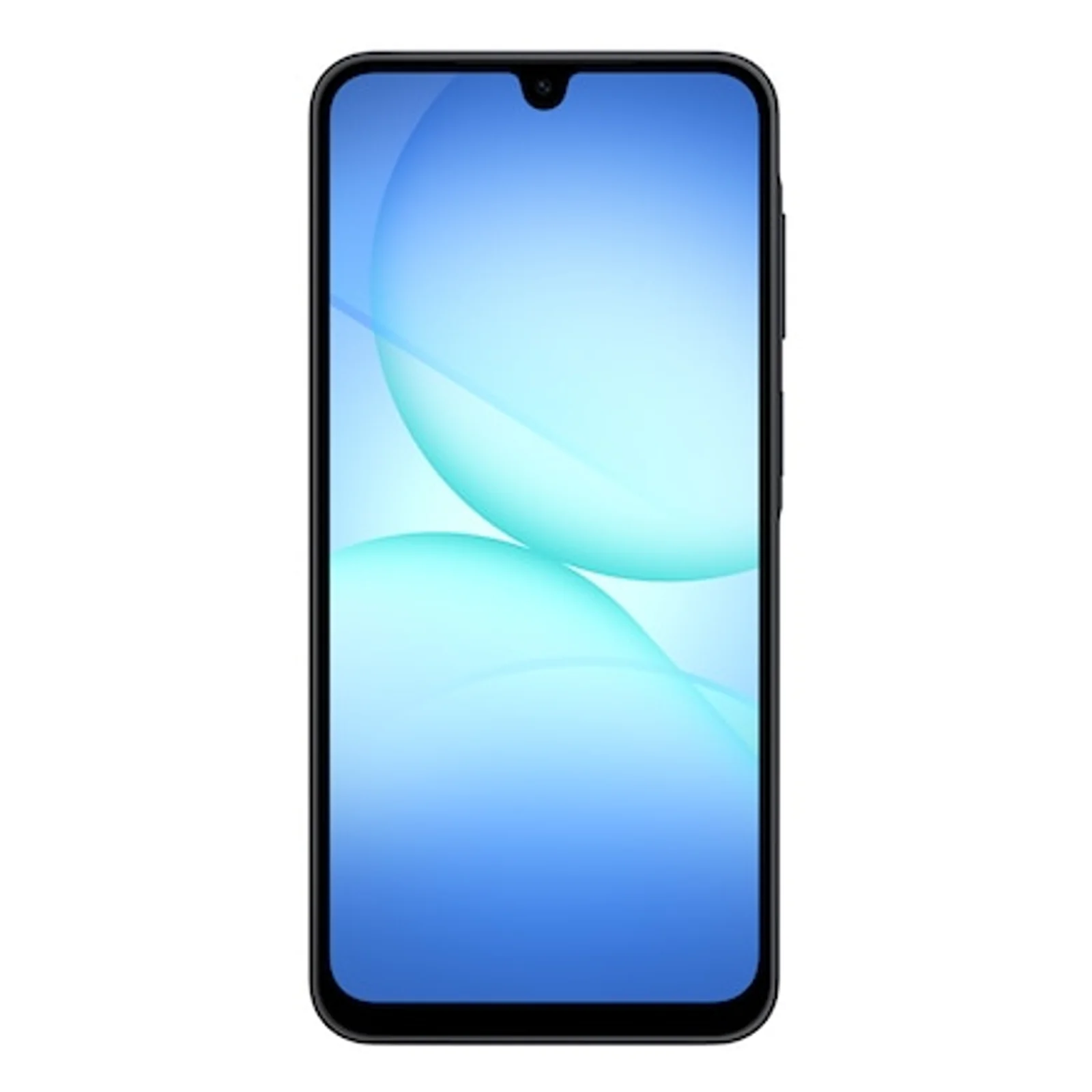 Face avant du Samsung Galaxy A17 Noir, écran allumé fond bleu avec encoche goutte d'eau en haut