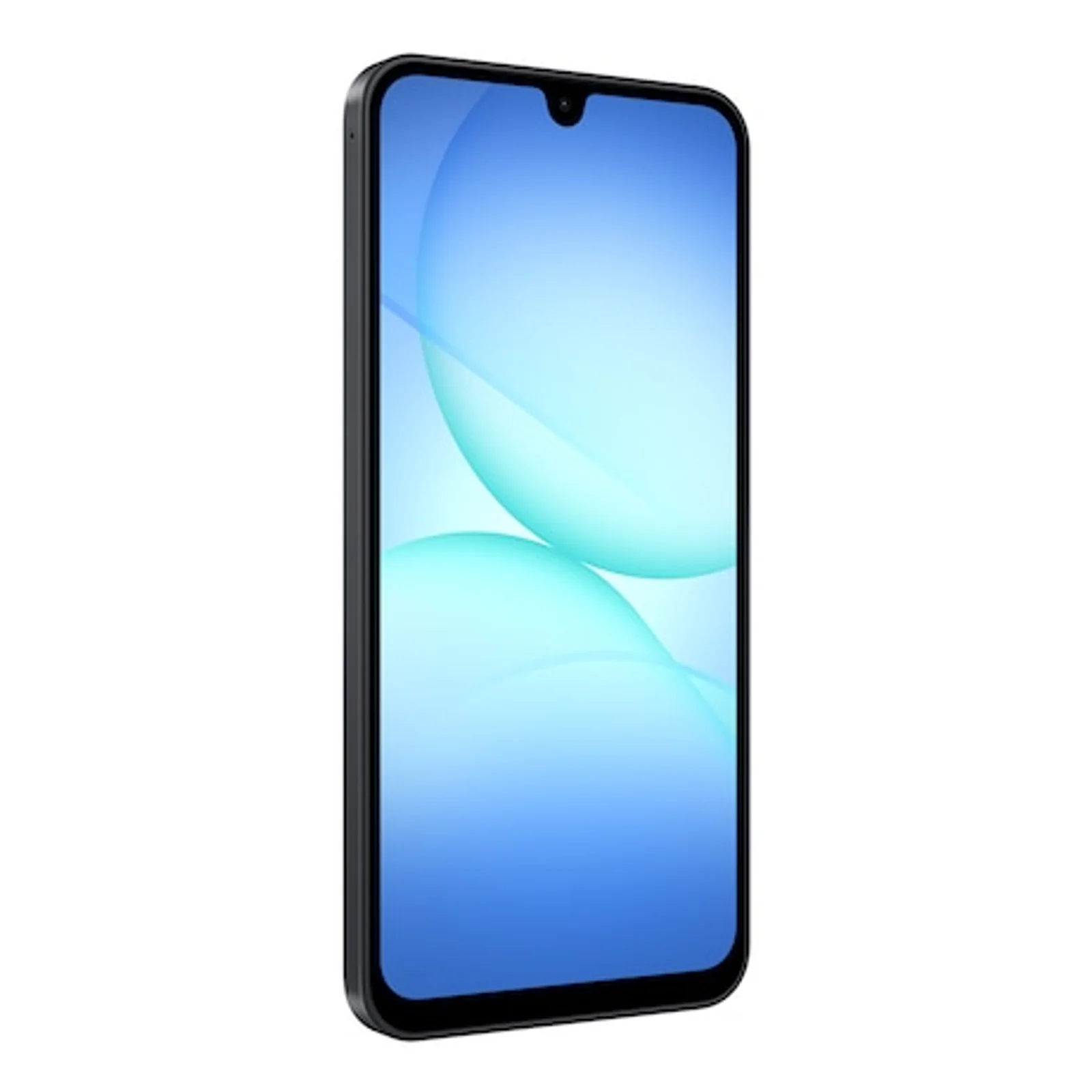 Samsung Galaxy A17 Noir vu de 3/4 avant droit, dalle allumée fond bleu et encoche en goutte d'eau