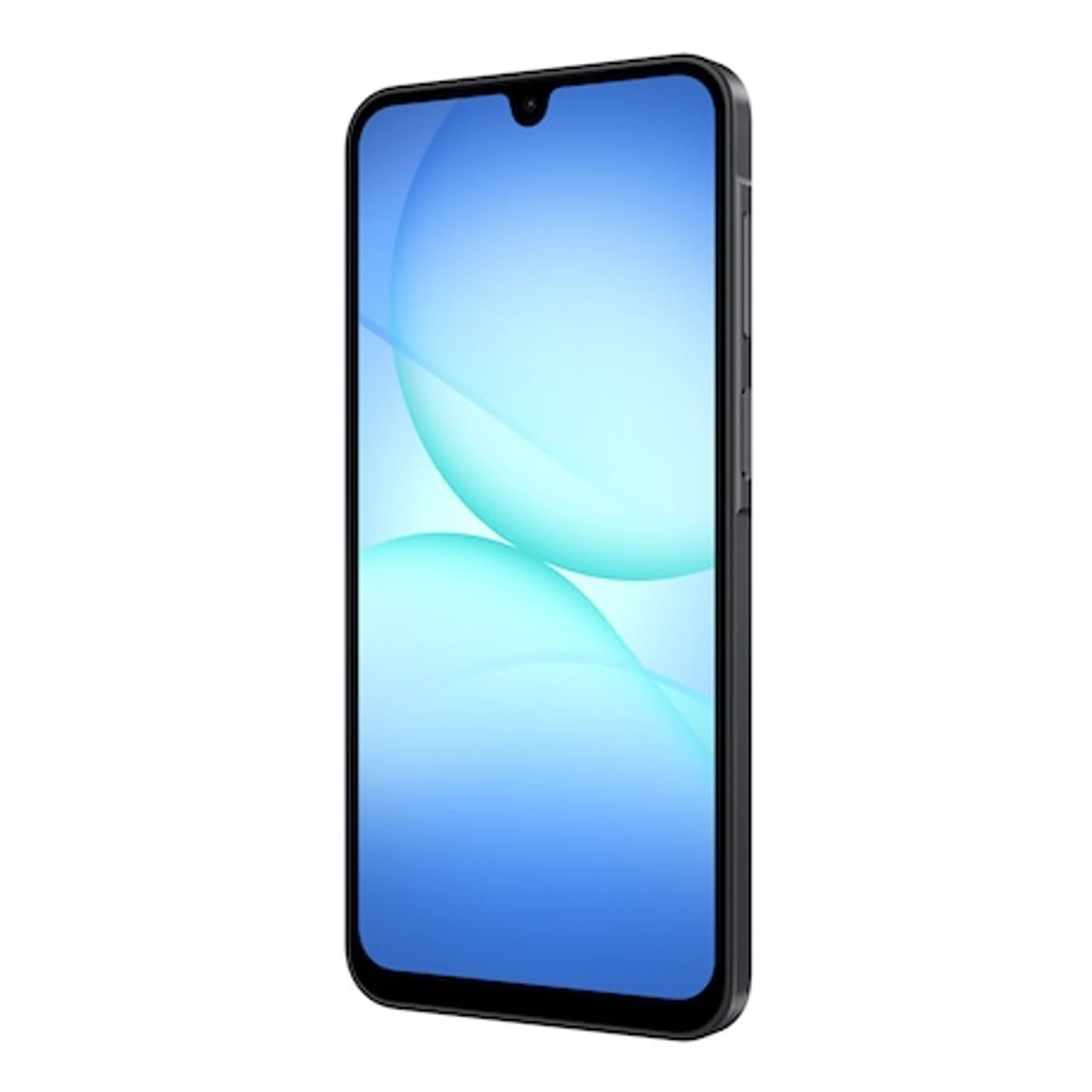 Samsung Galaxy A17 Noir vu de 3/4 avant gauche, dalle Super AMOLED allumée fond bleu