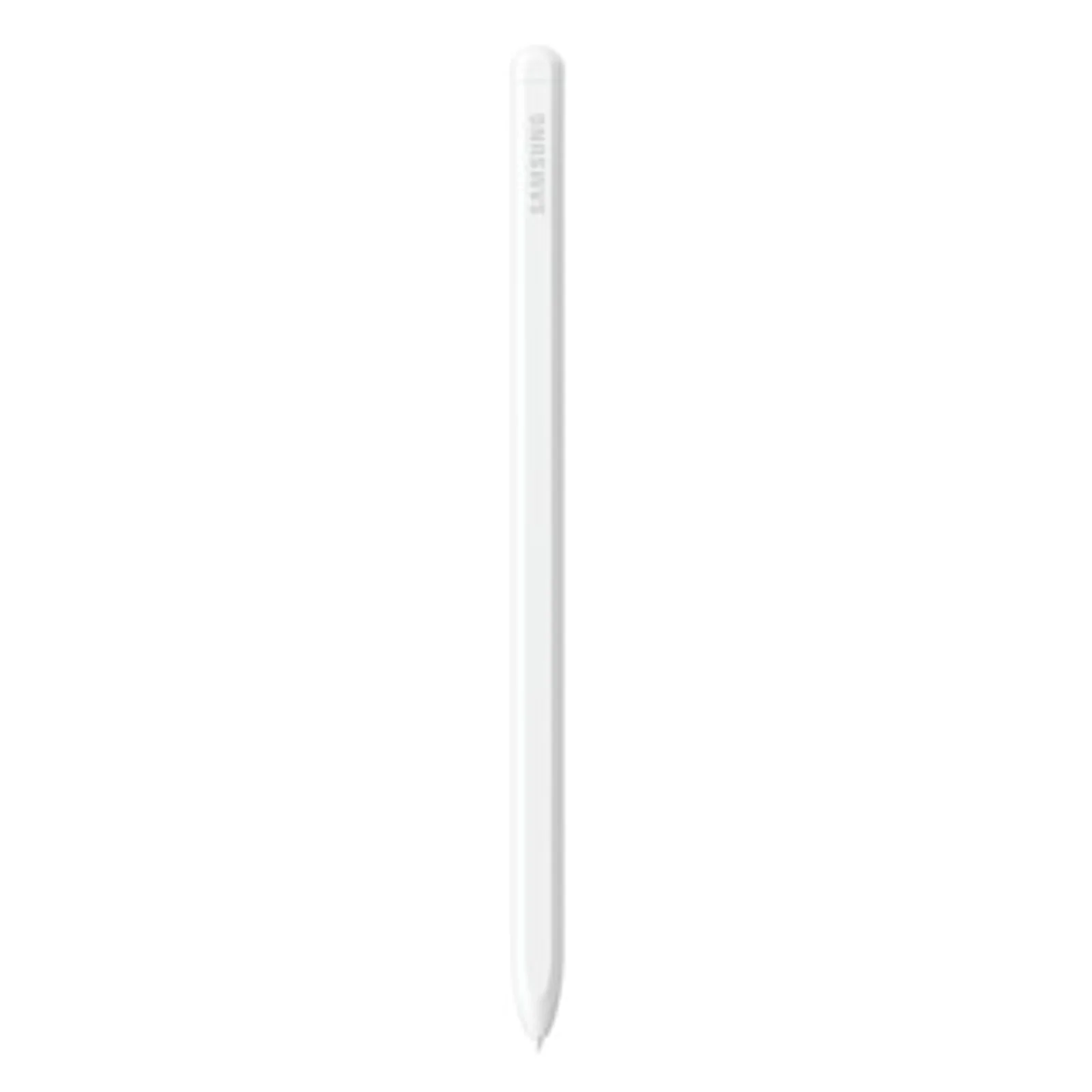 Stylet S Pen blanc avec inscription Samsung gravée, vue en pied