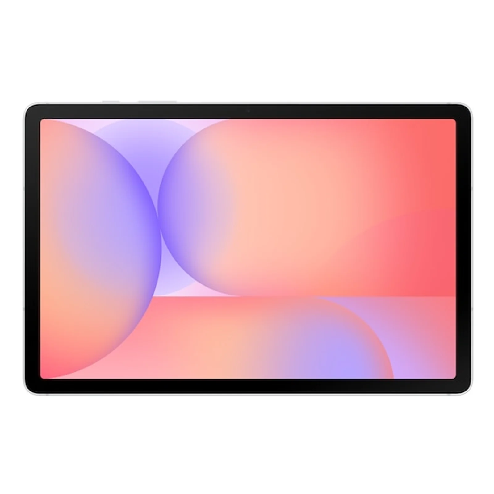 Vue de face de la tablette argent, écran allumé sur fond dégradé rose et violet