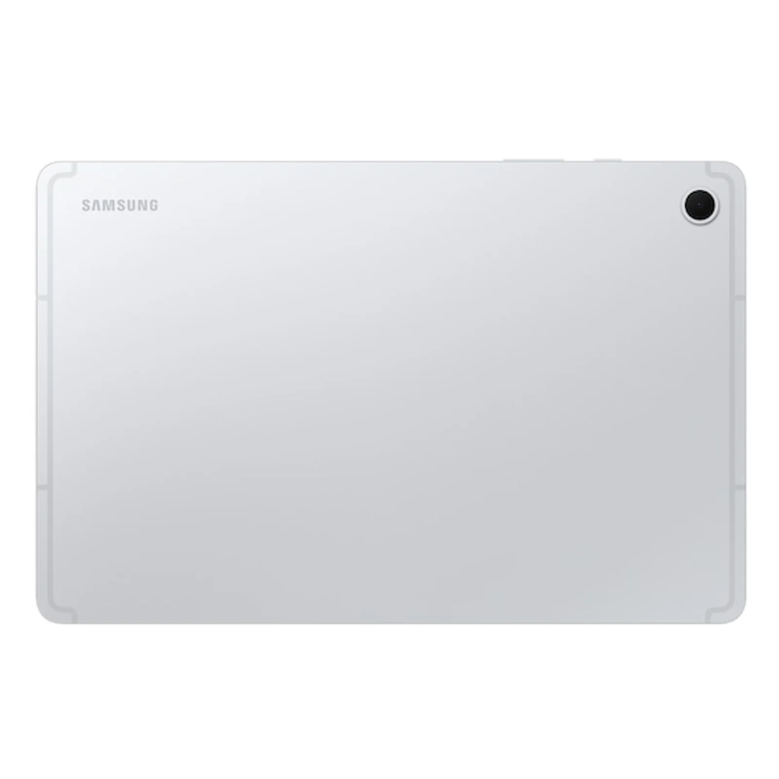 Vue arrière de la tablette argent avec logo Samsung et objectif de la caméra arrière
