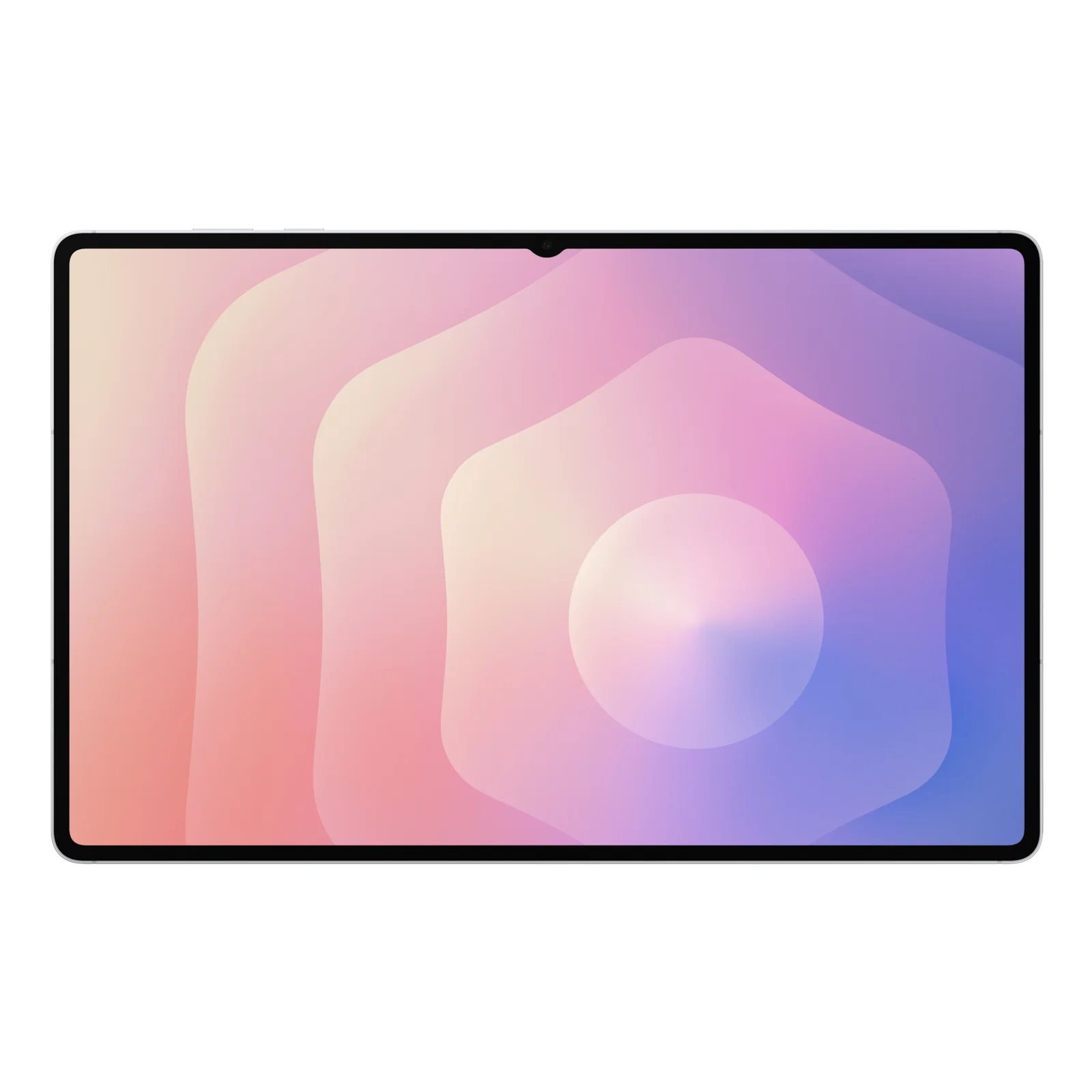 Vue de face en mode paysage, cadre argenté, encoche haute pour la caméra frontale, écran AMOLED dégradé rose-violet
