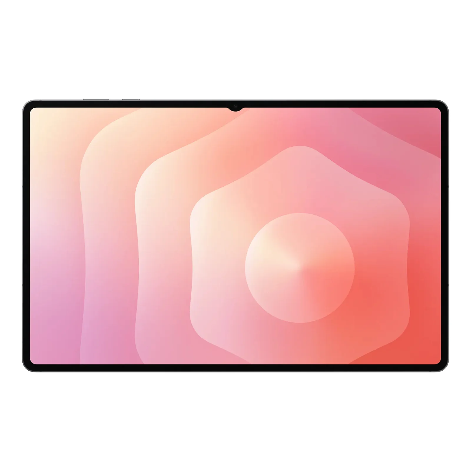 Vue de face en mode paysage, cadre gris, encoche haute pour la caméra frontale, écran AMOLED allumé avec fond dégradé