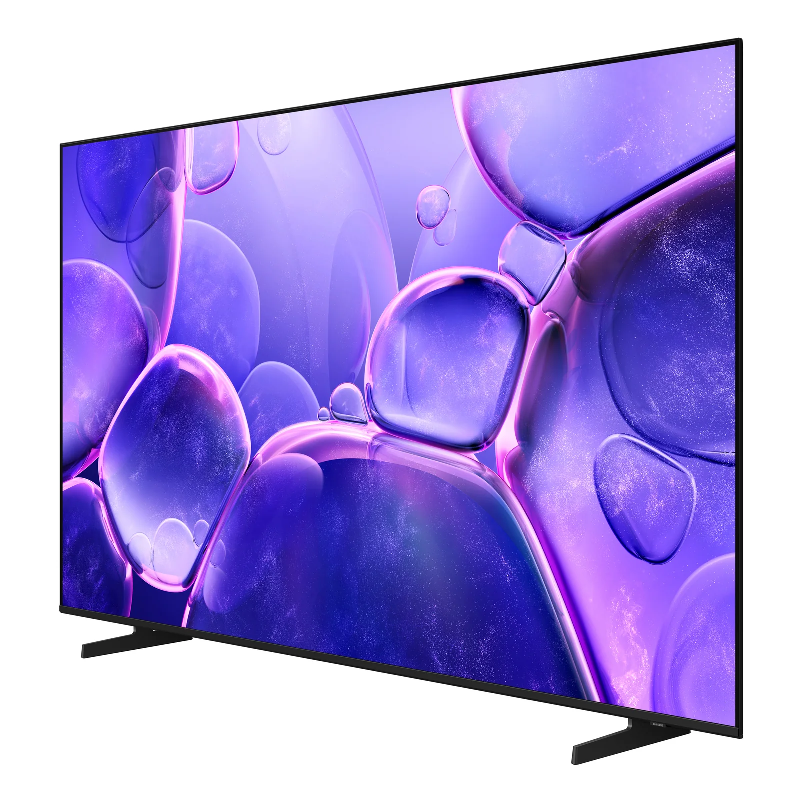 Vue trois quarts depuis la droite, dalle Crystal UHD à bords noirs fins affichant des bulles violettes et roses