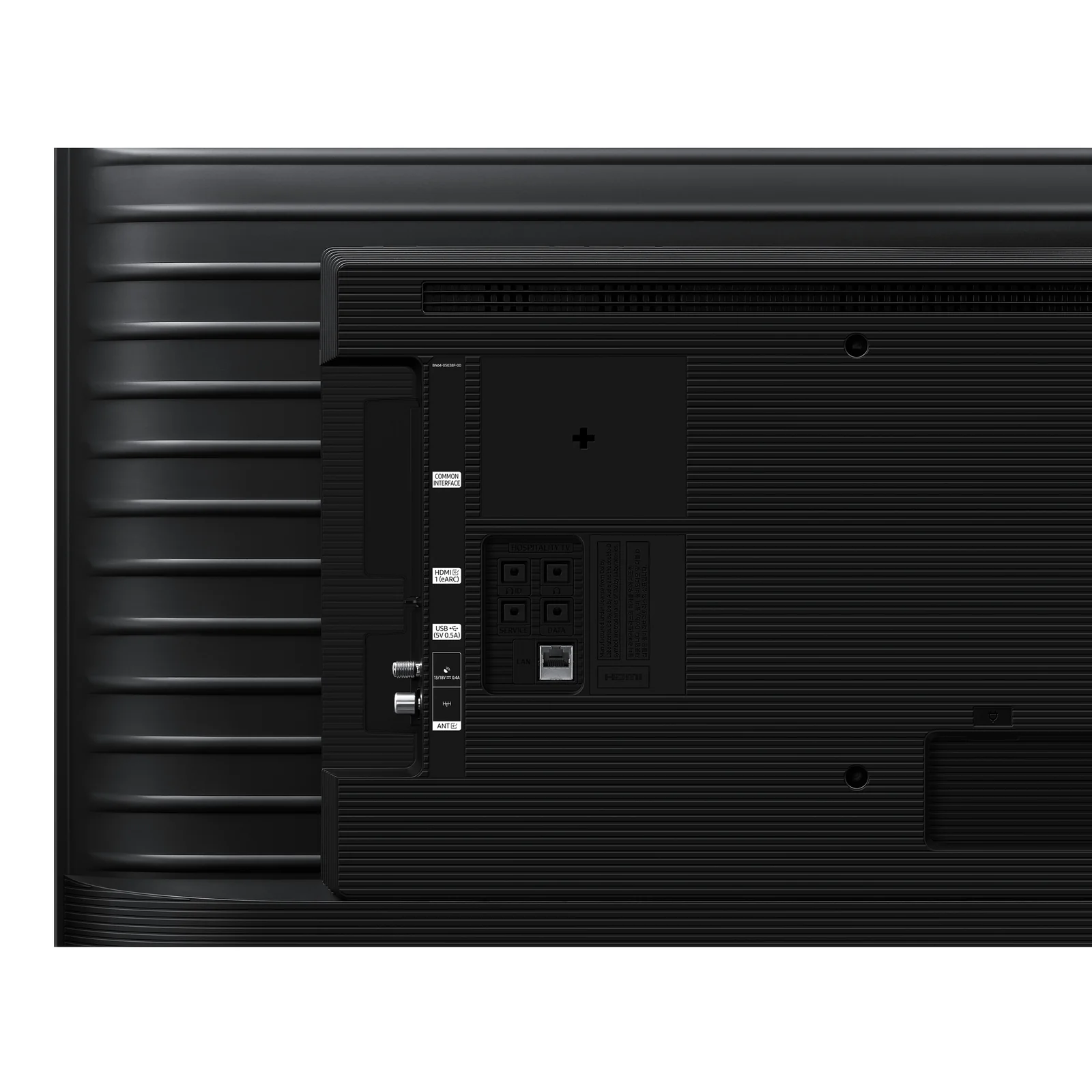 Détail arrière montrant le slot CI+, le port HDMI eARC, l'USB-A, le LAN RJ-45, le port Hpi et l'entrée antenne
