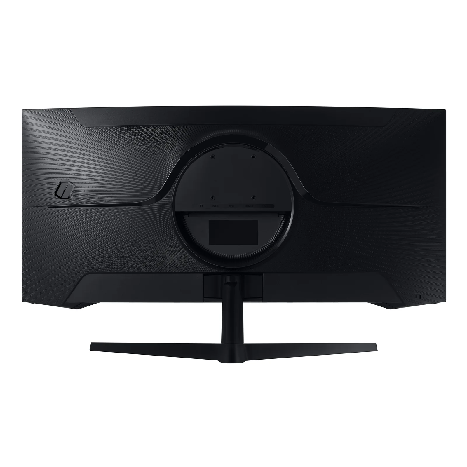 Dos du Samsung Odyssey G5 34 pouces avec anneau VESA circulaire central et motif rayonnant texturé sur fond blanc