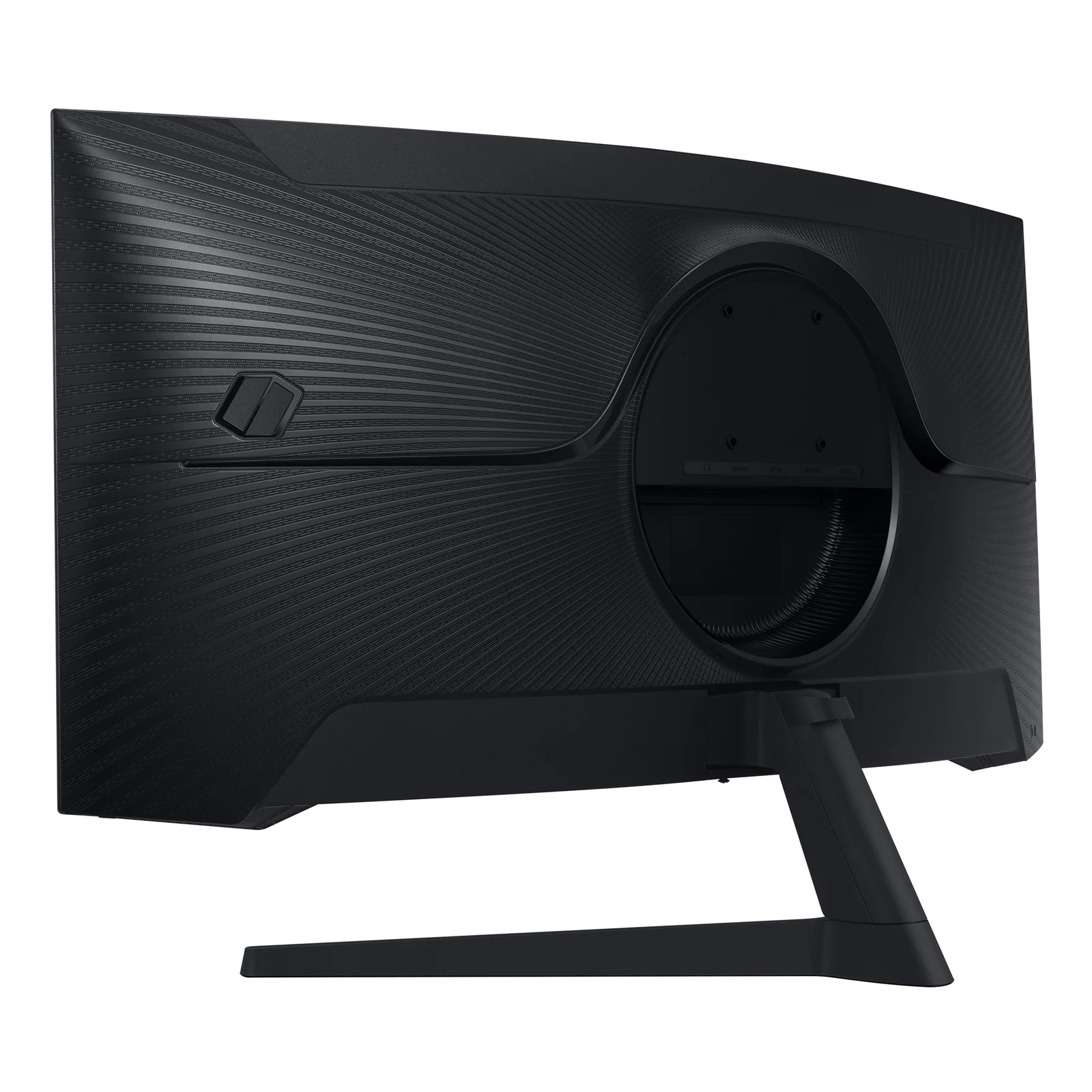 Vue arrière 3/4 du Samsung Odyssey G5, dos texturé, anneau VESA et pied en V depuis la droite