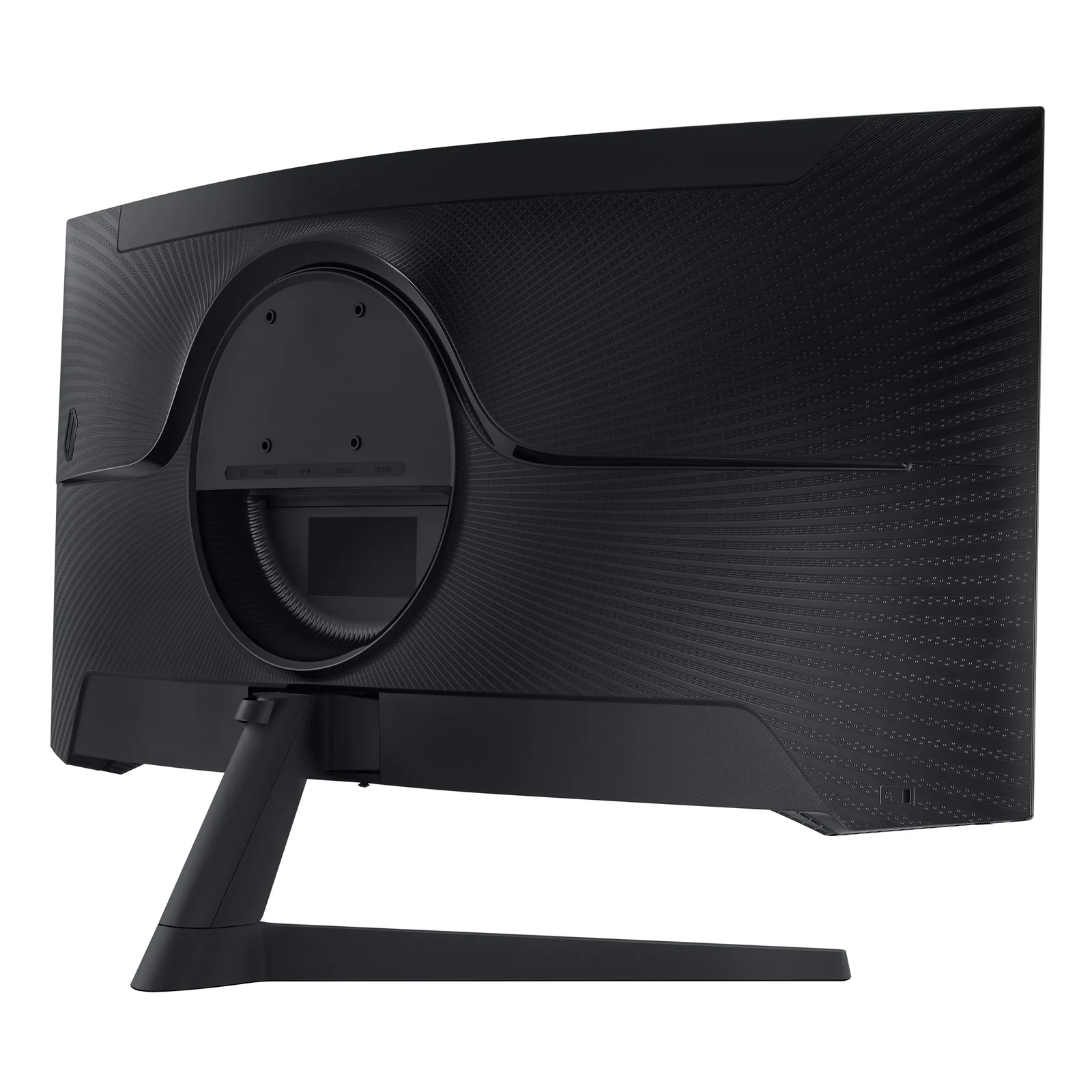 Vue arrière 3/4 droite du Samsung Odyssey G5, dos courbé avec motif en relief et base du pied visible