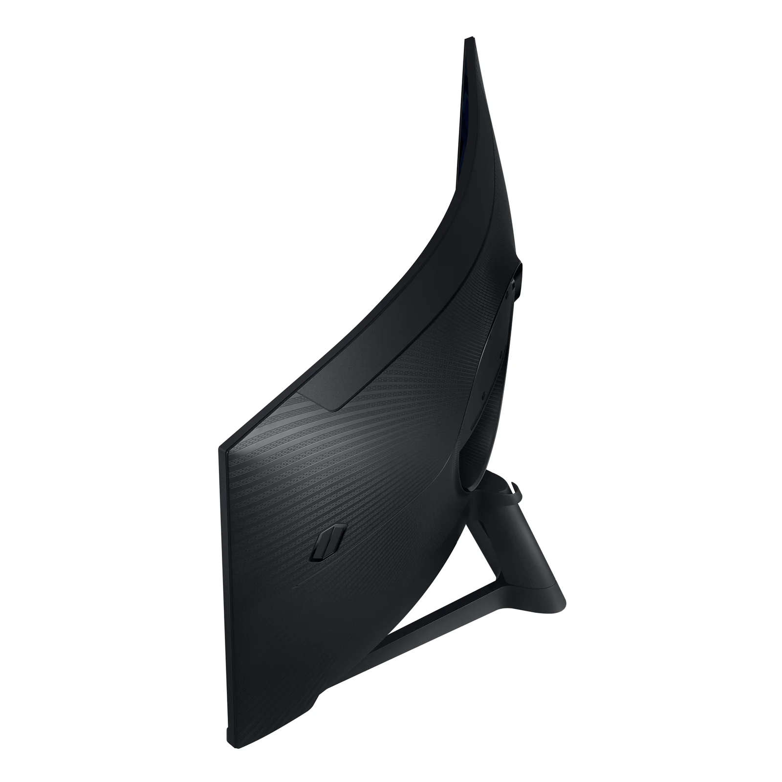 Vue arrière 3/4 gauche du Samsung Odyssey G5, bras du pied et dos texturé en plastique noir depuis la gauche