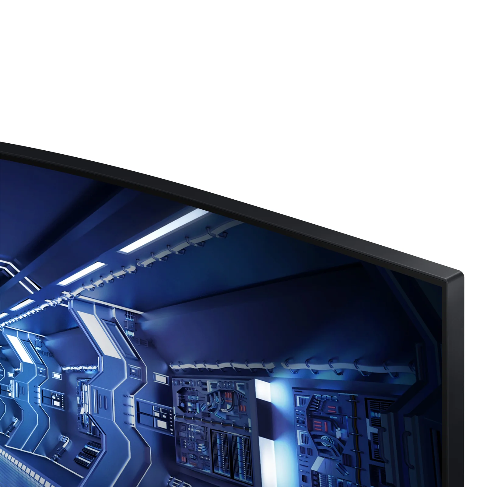 Gros plan sur le coin supérieur de la dalle du Samsung Odyssey G5, biseau fin et détail du rendu de la scène SF