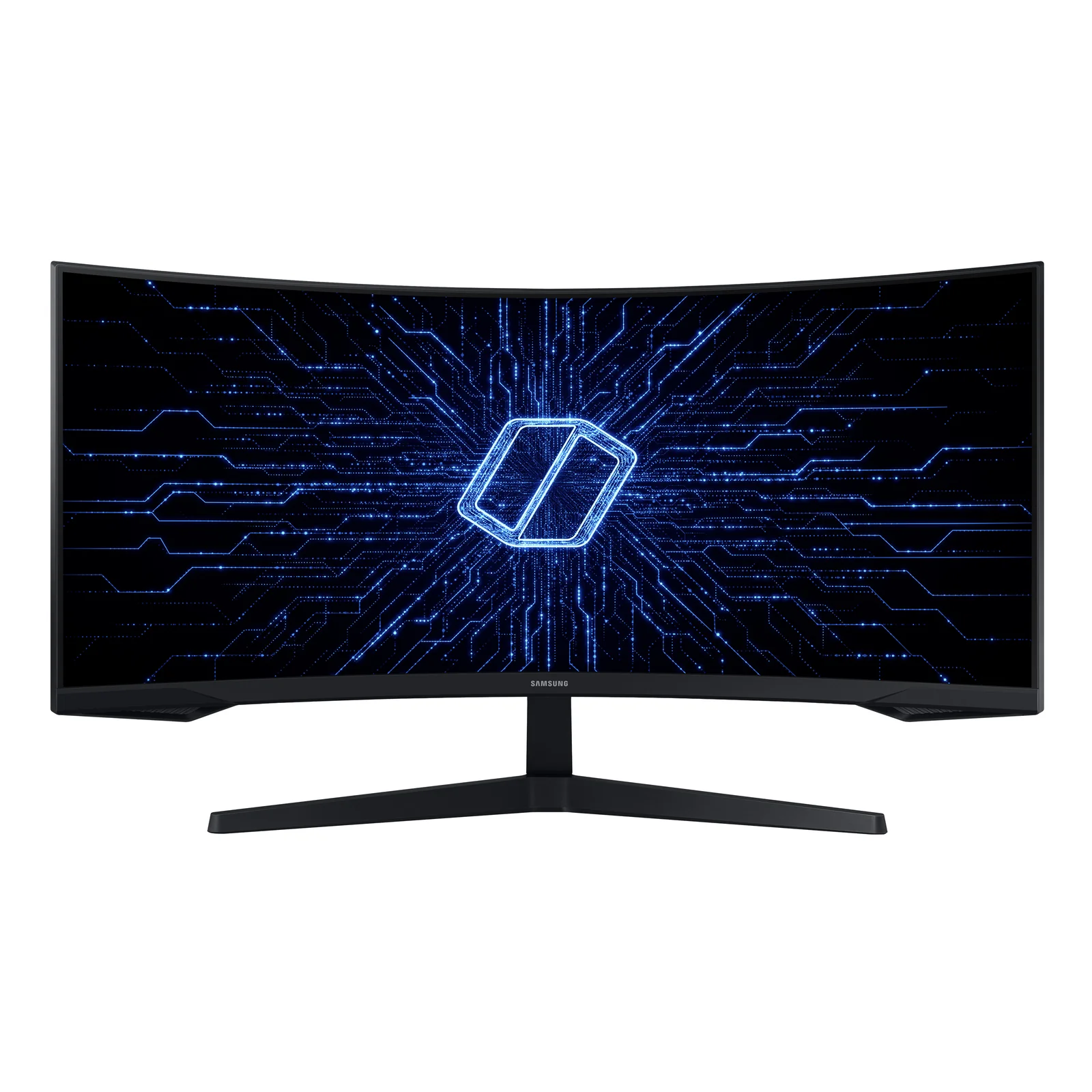 Samsung Odyssey G5 34 pouces face avant, affichant un motif de circuit imprimé gaming bleu sur fond noir