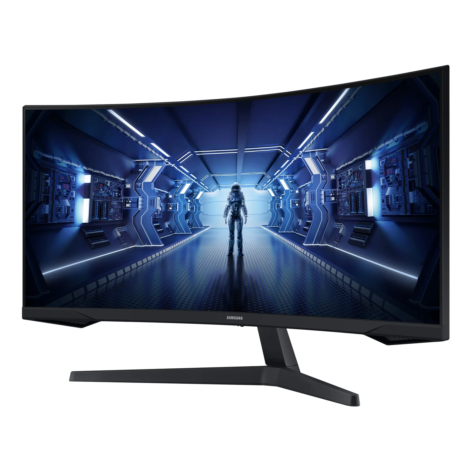 Samsung Odyssey G5 34 pouces en vue 3/4 gauche, courbure de la dalle et pied central visibles, scène SF à l'écran