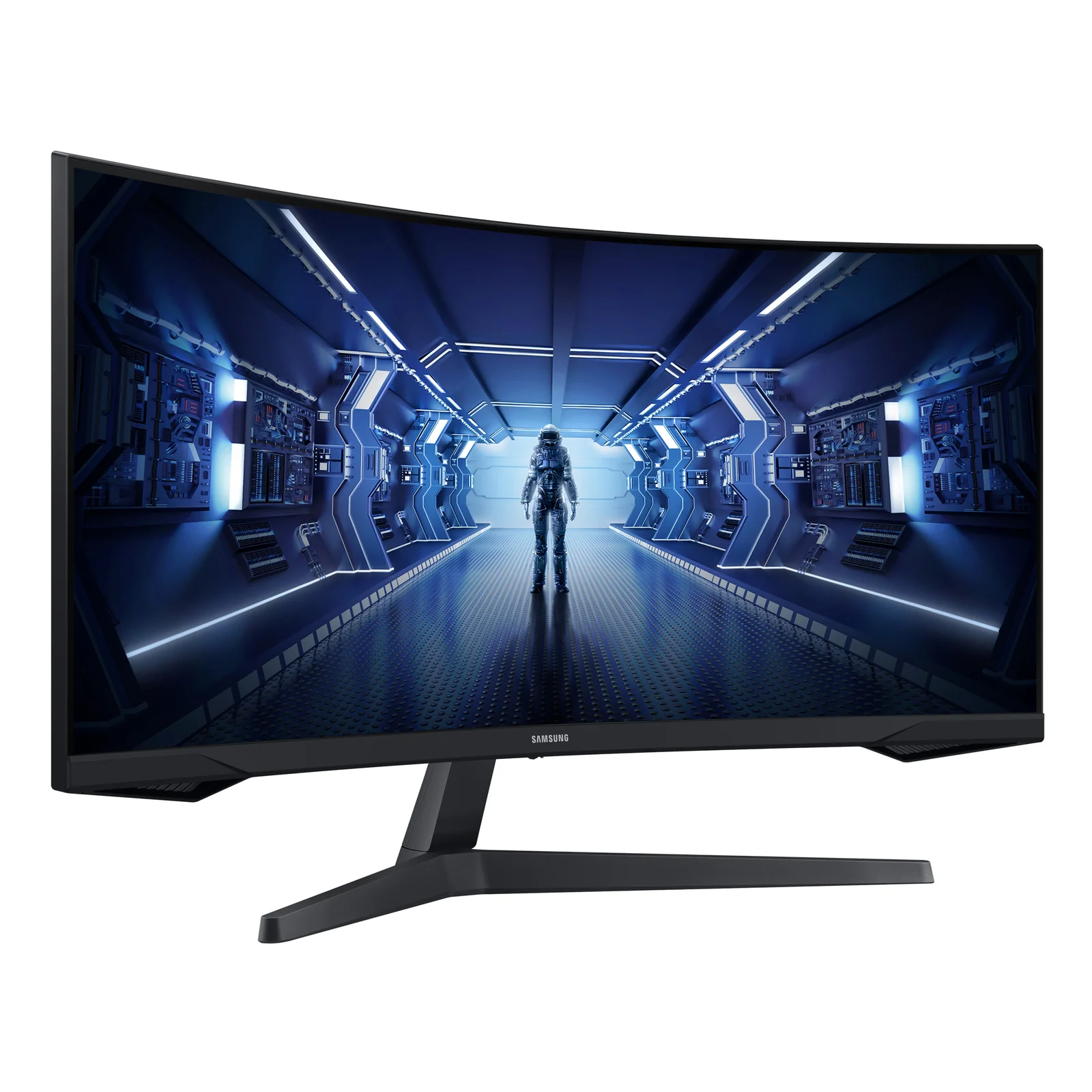 Samsung Odyssey G5 34 pouces en vue 3/4 droite, dalle incurvée 1000R et pied en V noir, scène SF à l'écran