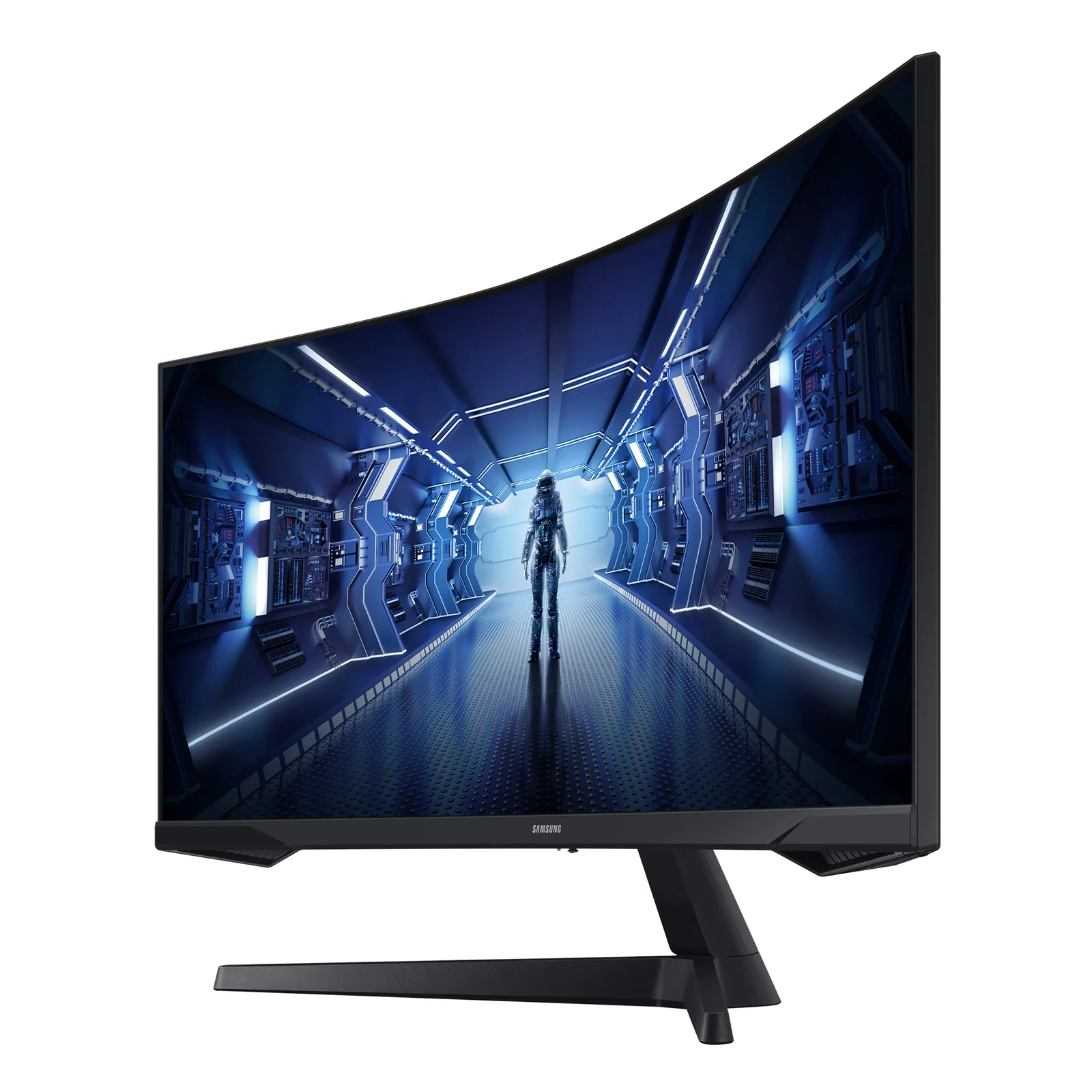 Samsung Odyssey G5 34 pouces en vue 3/4 droite légèrement plus basse, pied en V et courbure de la dalle sur fond blanc