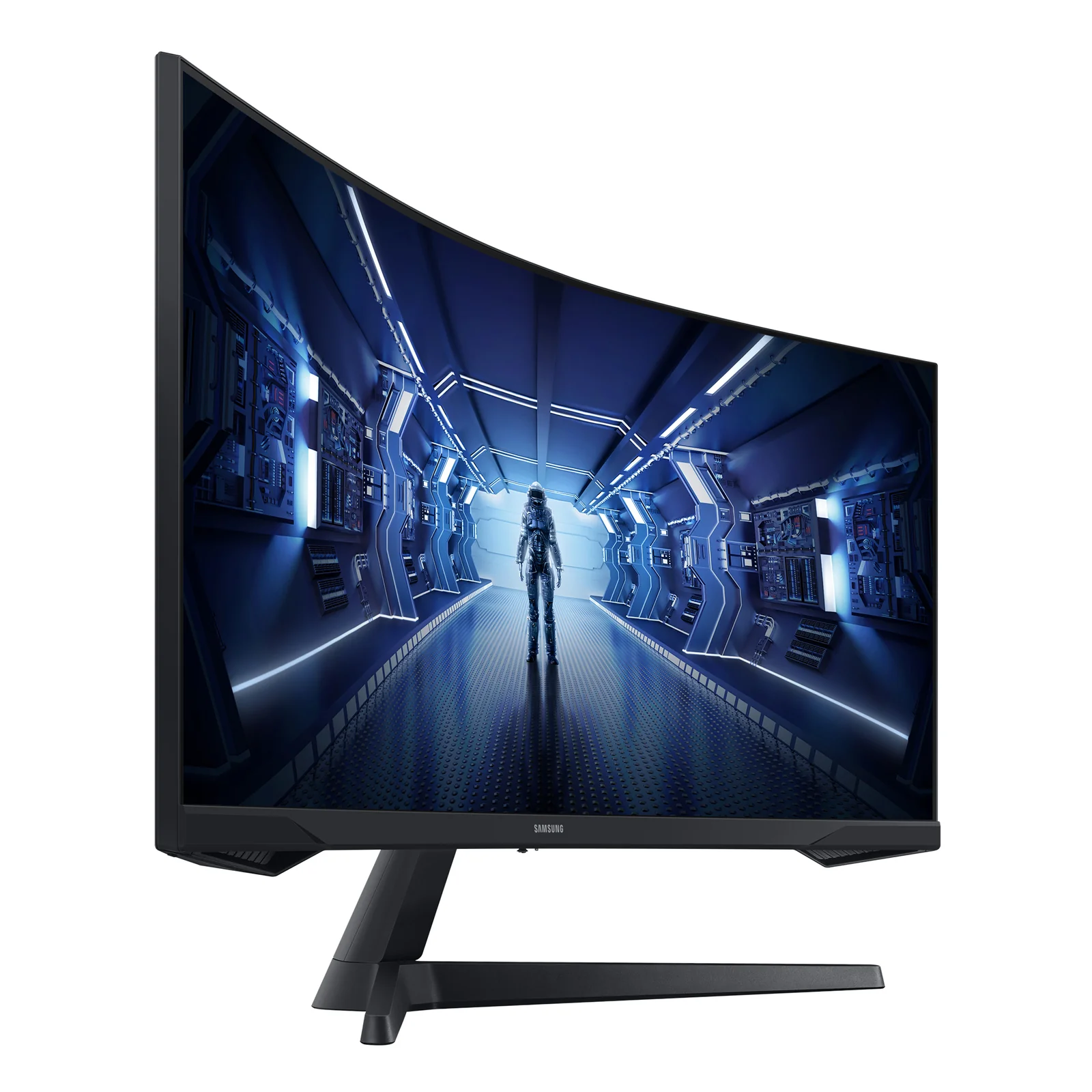 Samsung Odyssey G5 34 pouces en vue 3/4 gauche grand angle, pied en V et amplitude de la courbure de l'écran bien visibles