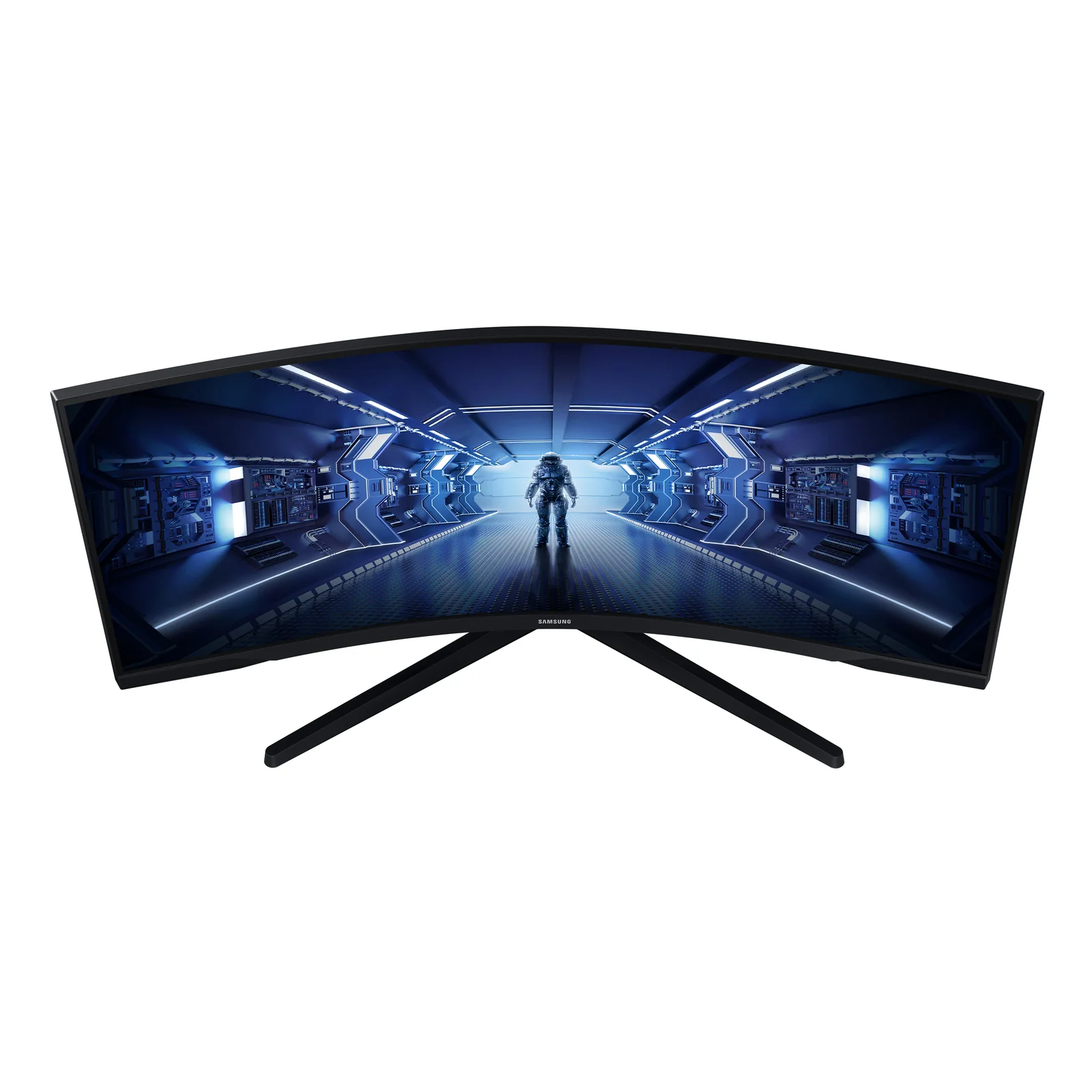 Vue frontale basse du Samsung Odyssey G5 34 pouces accentuant la courbure 1000R de la dalle sur fond blanc