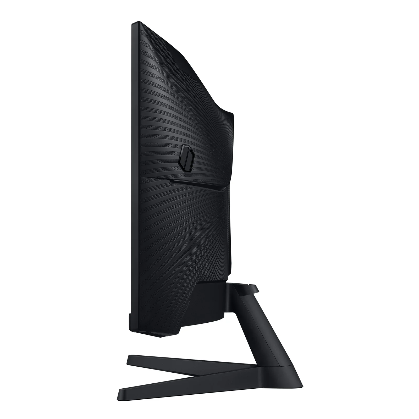 Profil gauche du Samsung Odyssey G5 34 pouces, châssis courbé et dos texturé en relief avec pied en V
