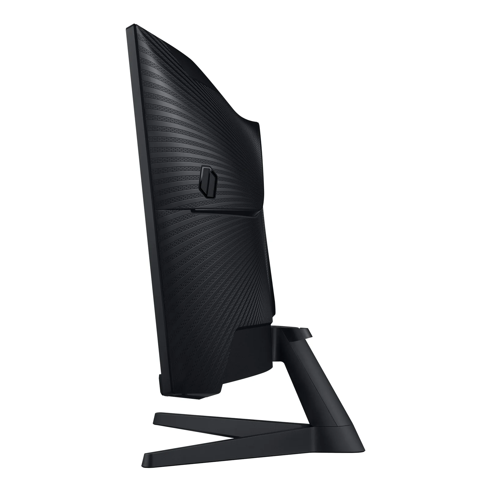Profil droit du Samsung Odyssey G5 34 pouces, châssis courbé noir et bras du pied central visible