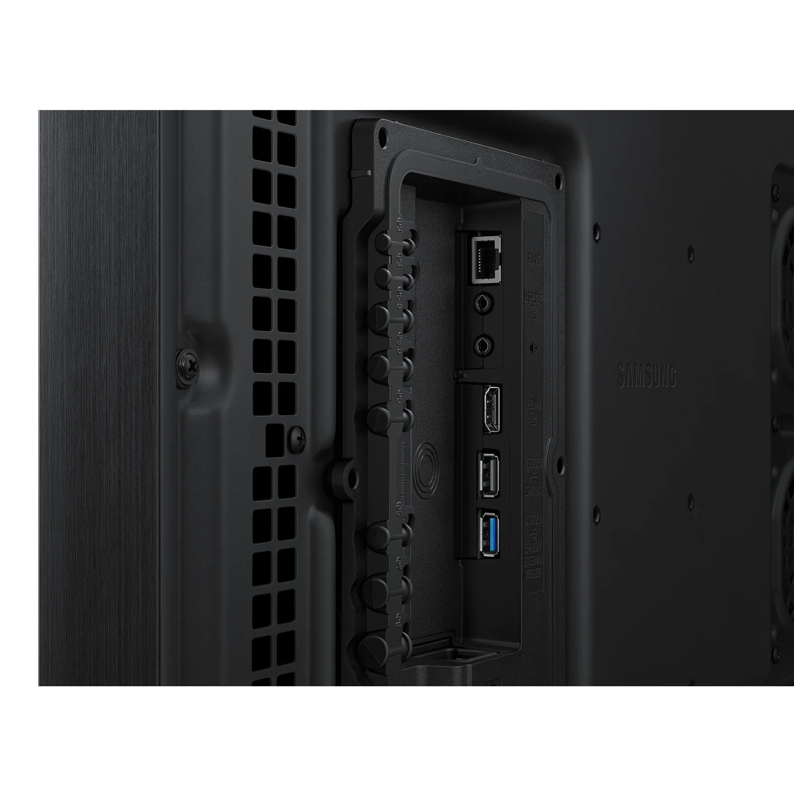 Panneau de connectiques latéral du Samsung OH24B avec ports RJ-45, RS-232, HDMI et USB visibles
