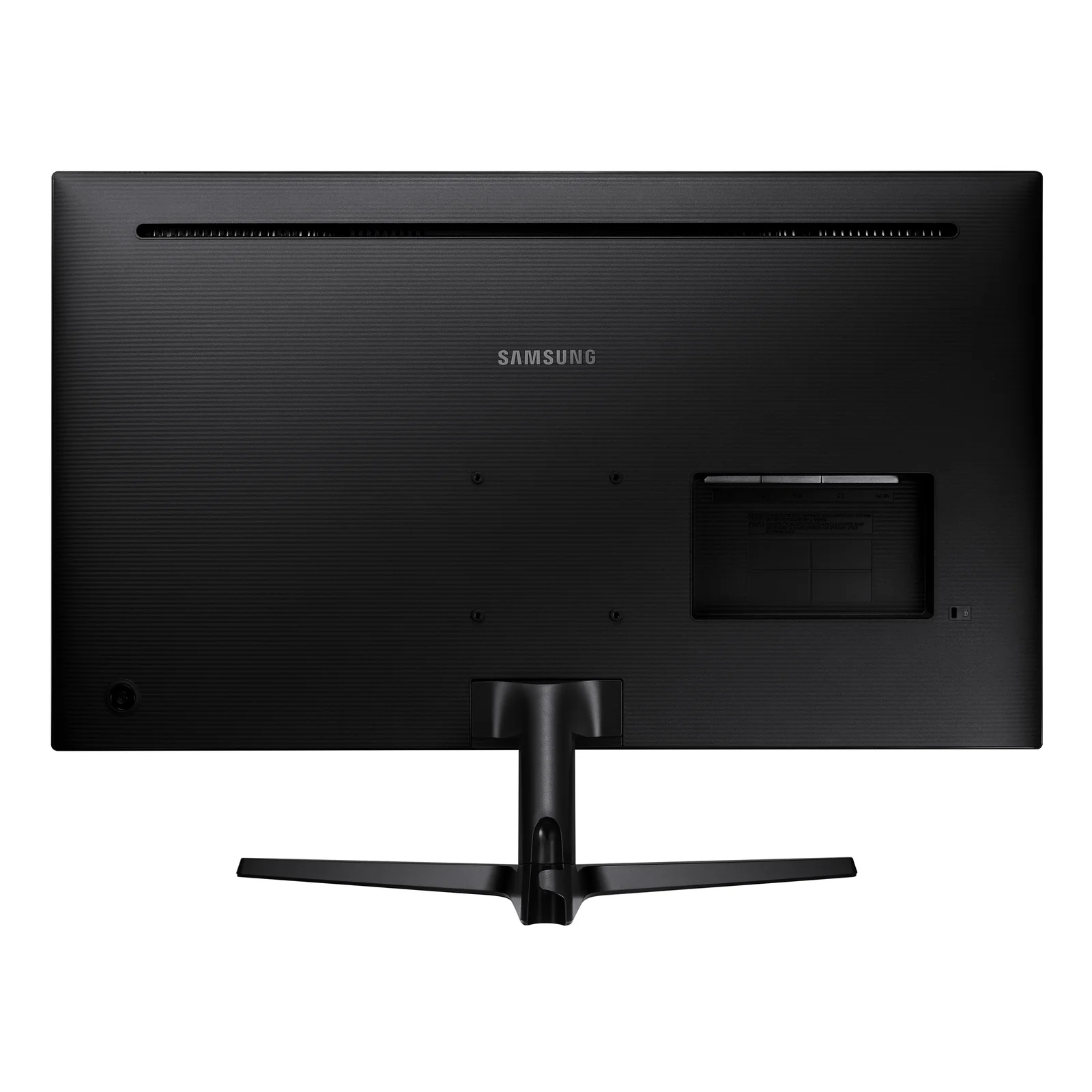 Vue complète du panneau arrière du Samsung UJ59, coque noire texturée, VESA et étiquette technique visibles