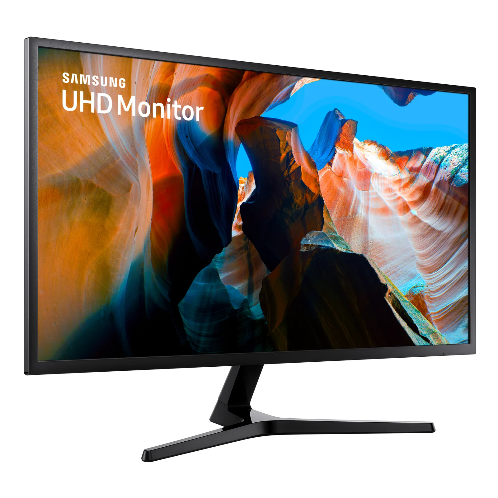 Samsung UJ59 en vue 3/4 gauche, inscription UHD Monitor sur l'écran, cadre noir et pied en V visible