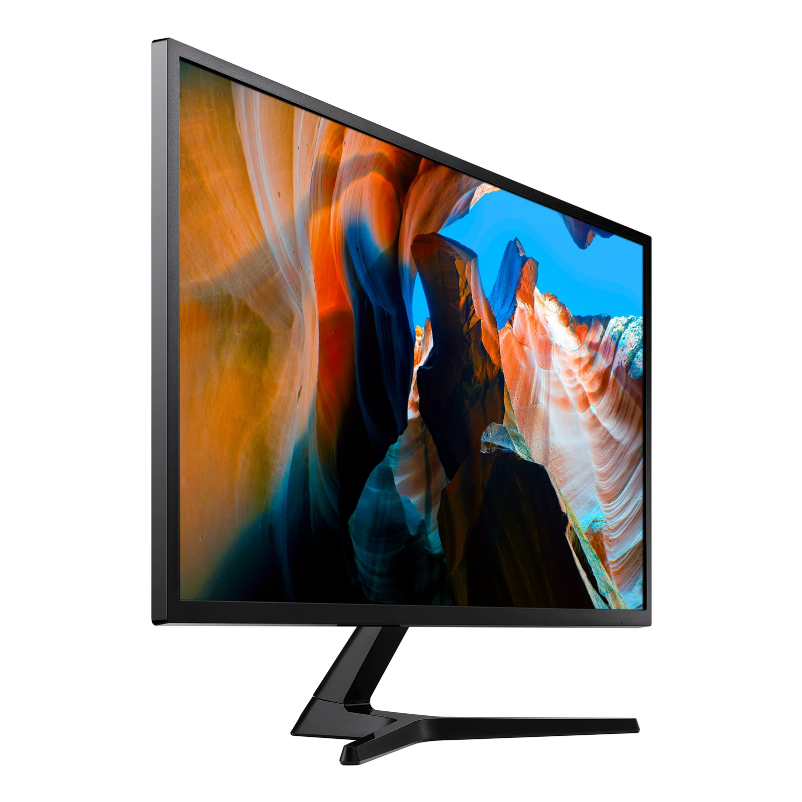Angle 3/4 gauche plus prononcé du Samsung UJ59, dalle aux couleurs vives, bordures fines et pied droit