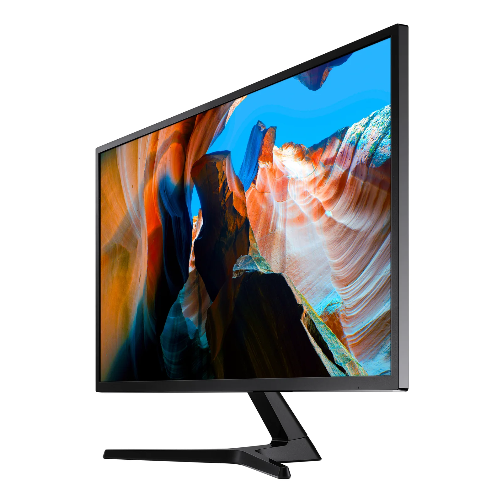 Samsung UJ59 vu de gauche avec angle prononcé, dalle lumineuse, profil fin de l'écran apparent