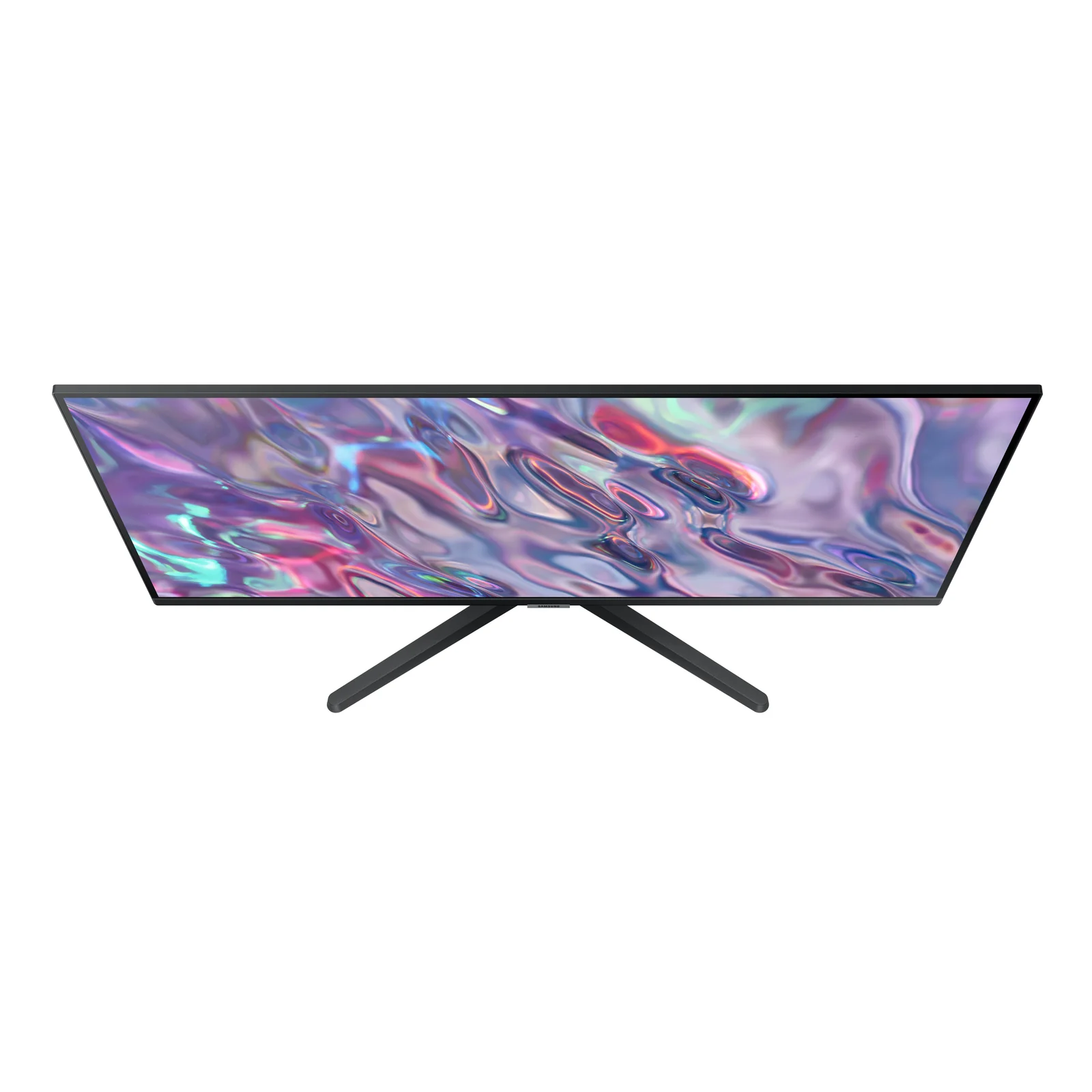 Vue de dessus en légère plongée du Samsung ViewFinity S5, format ultrawide et pied en X bien visibles