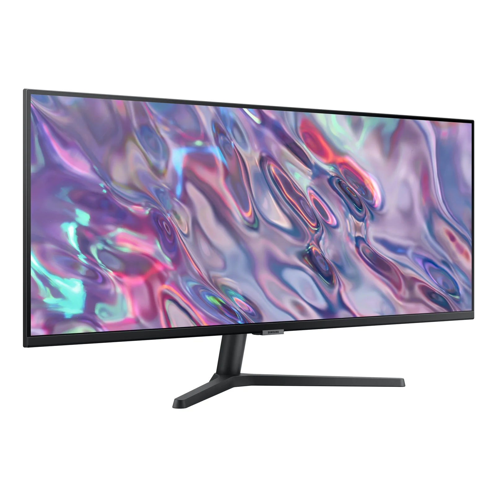 Vue 3/4 gauche légèrement haute du Samsung ViewFinity S5, dalle ultrawide lumineuse, pied en T fin