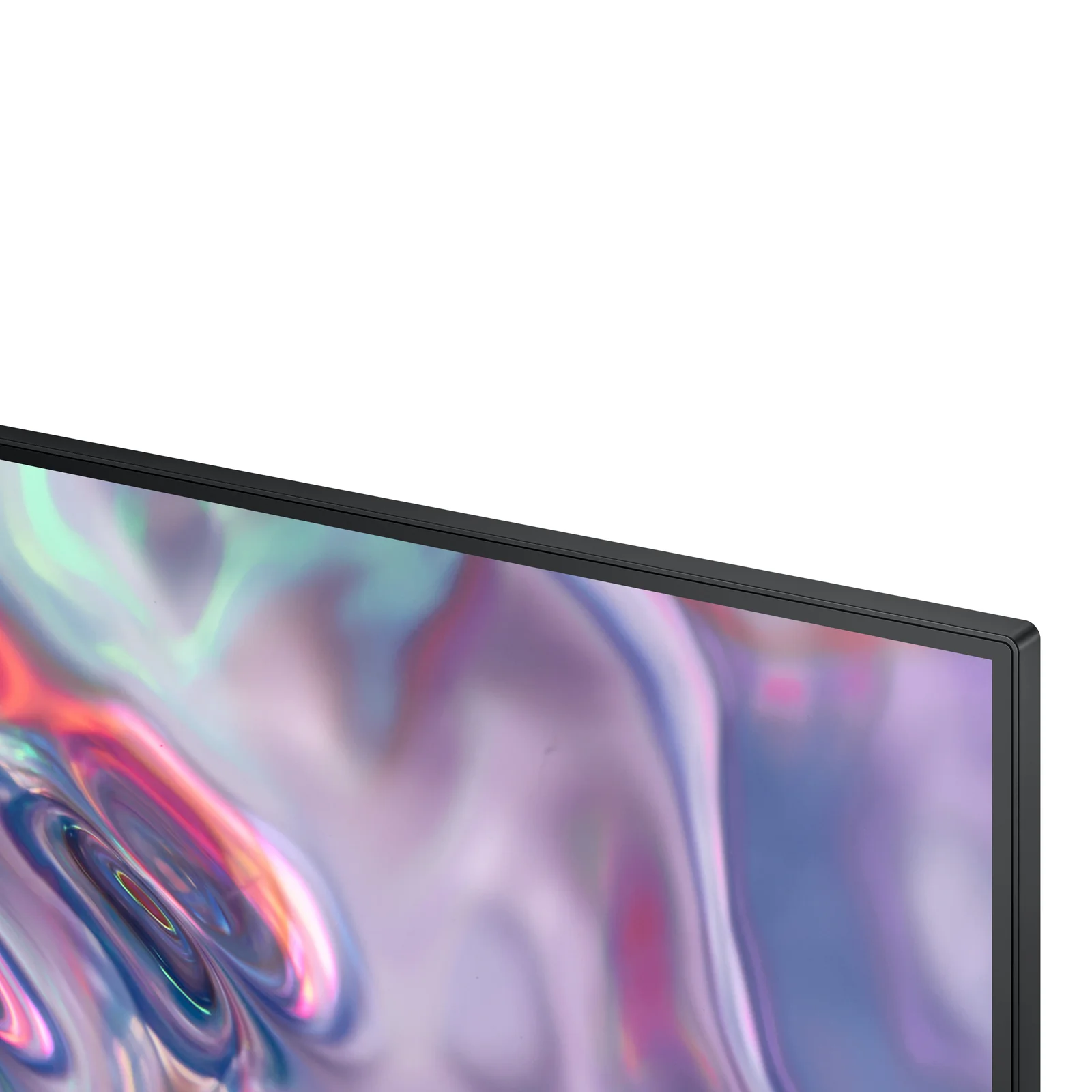 Gros plan de la bordure supérieure fine du Samsung ViewFinity S5, dalle affichant des tons roses et bleus vifs