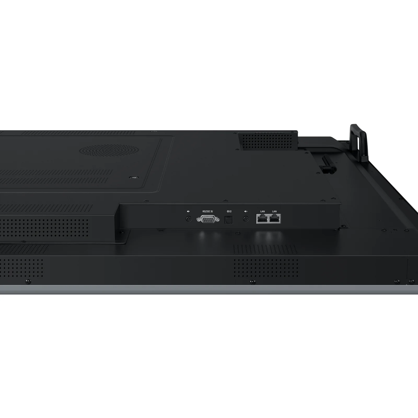 Vue en plongée de la tranche arrière basse avec ports RS-232C Bi, entrée audio et 2 prises RJ45 LAN étiquetées