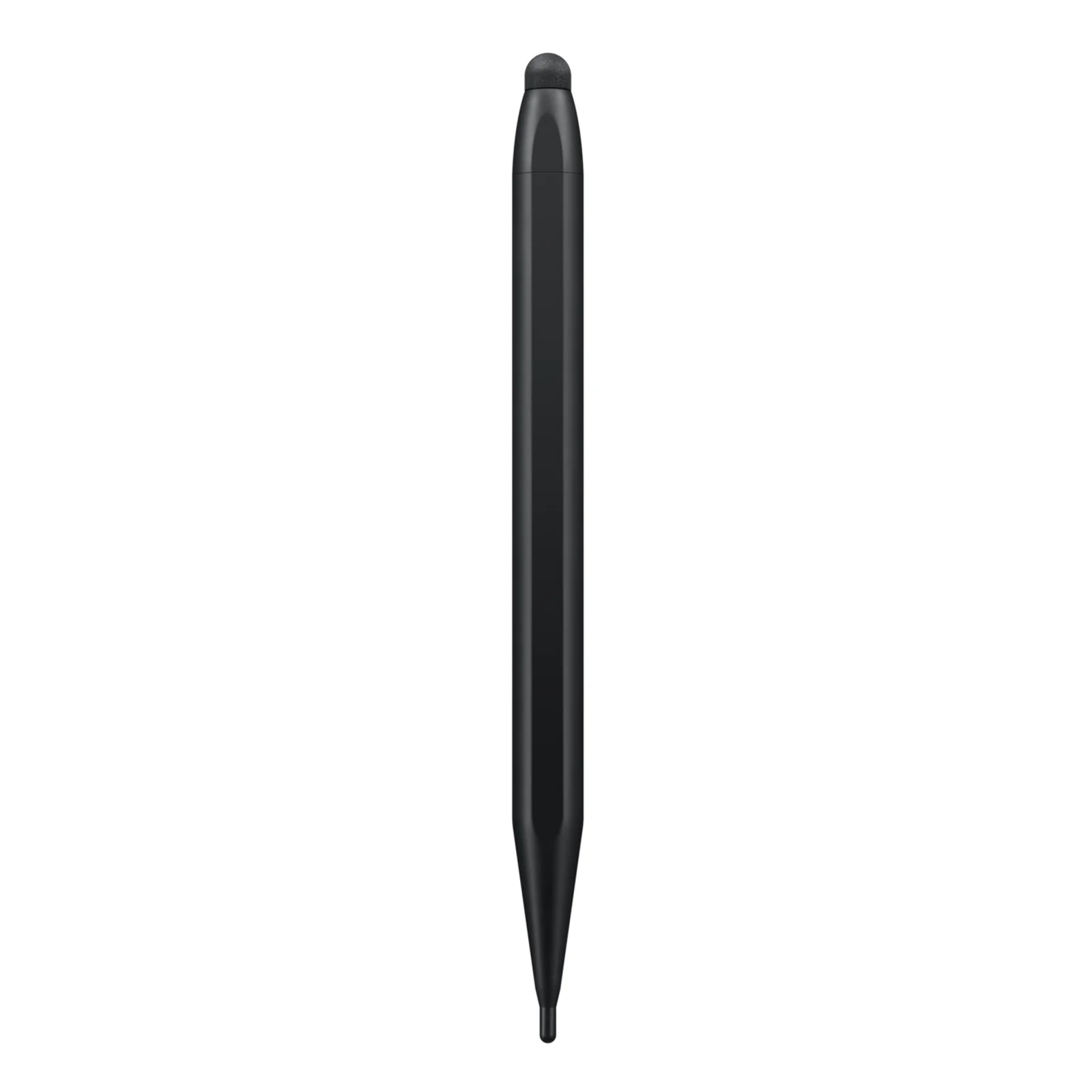 Stylet passif double-embout fourni avec l'écran, corps noir cylindrique avec pointe fine en bas et embout en caoutchouc en haut