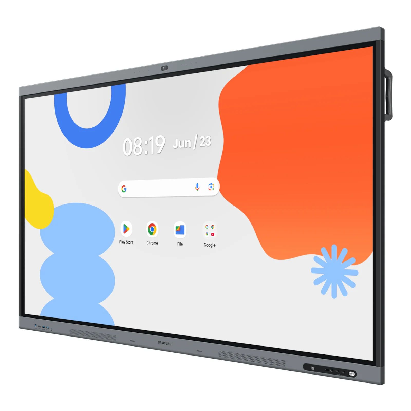 Vue 3/4 droite de l'écran interactif 75 pouces, cadre gris, barre de ports et haut-parleurs en partie basse