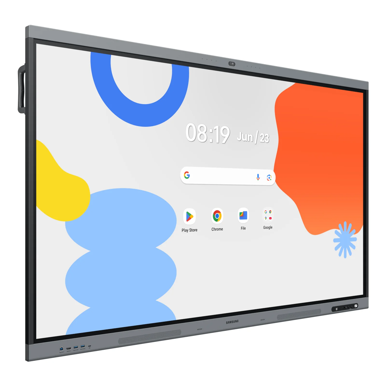Vue 3/4 gauche de l'écran interactif 86 pouces affichant l'interface Android, cadre gris slim, enceintes et ports en bas