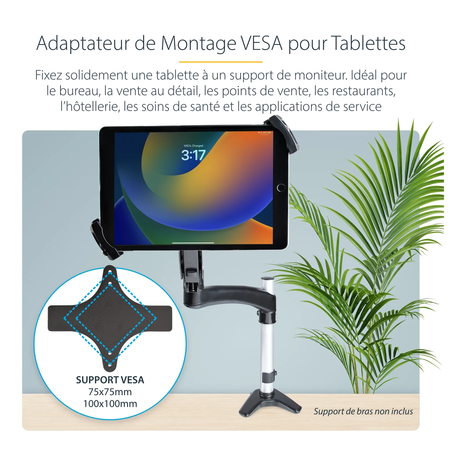 StarTech.com Adaptateur de Montage VESA pour Tablettes de 7,9 à 12,5" - Jusqu'à 2kg - Support Tablette Antivol Motif VESA 75x75/100x100 - Pince de Montage VESA - Socle/Fixation pour Tablette Sécurisé, Noir