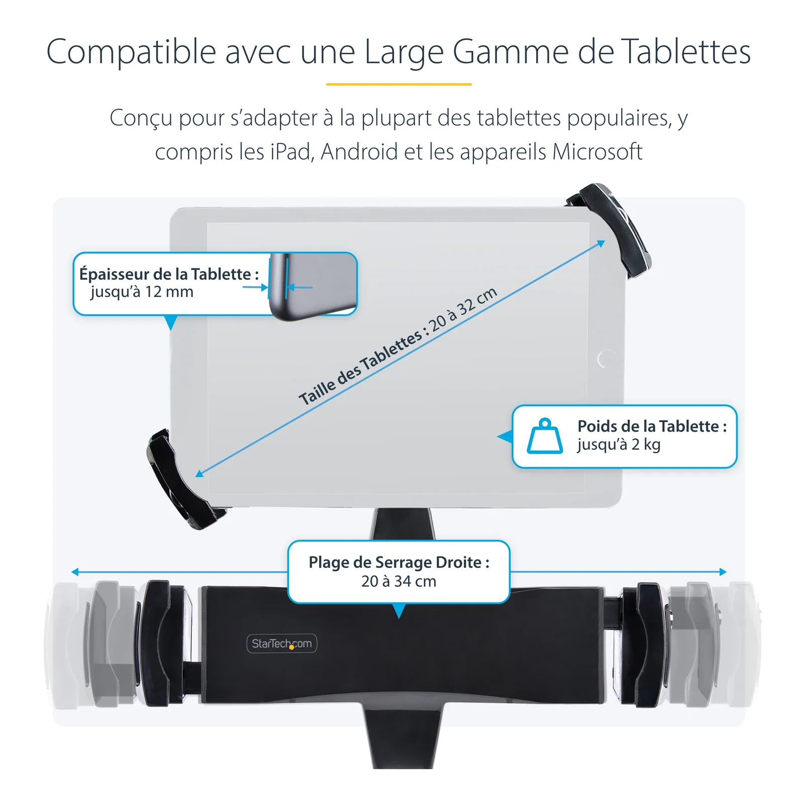 StarTech.com Adaptateur de Montage VESA pour Tablettes de 7,9 à 12,5" - Jusqu'à 2kg - Support Tablette Antivol Motif VESA 75x75/100x100 - Pince de Montage VESA - Socle/Fixation pour Tablette Sécurisé, Noir