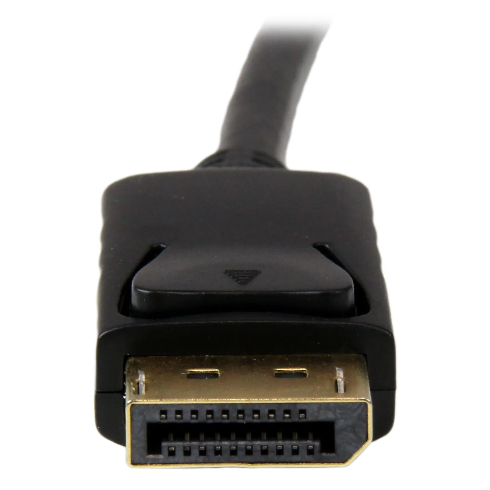 Vue frontale rapprochée connecteur DisplayPort mâle, broches dorées et languette de verrouillage