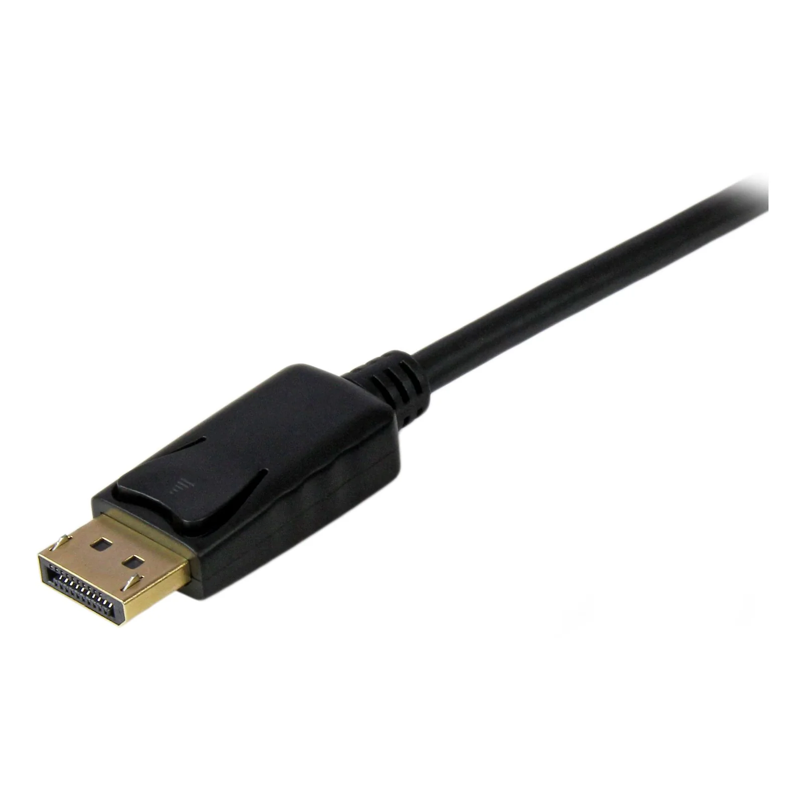 Gros plan connecteur DisplayPort mâle noir avec clip de verrouillage et contacts dorés