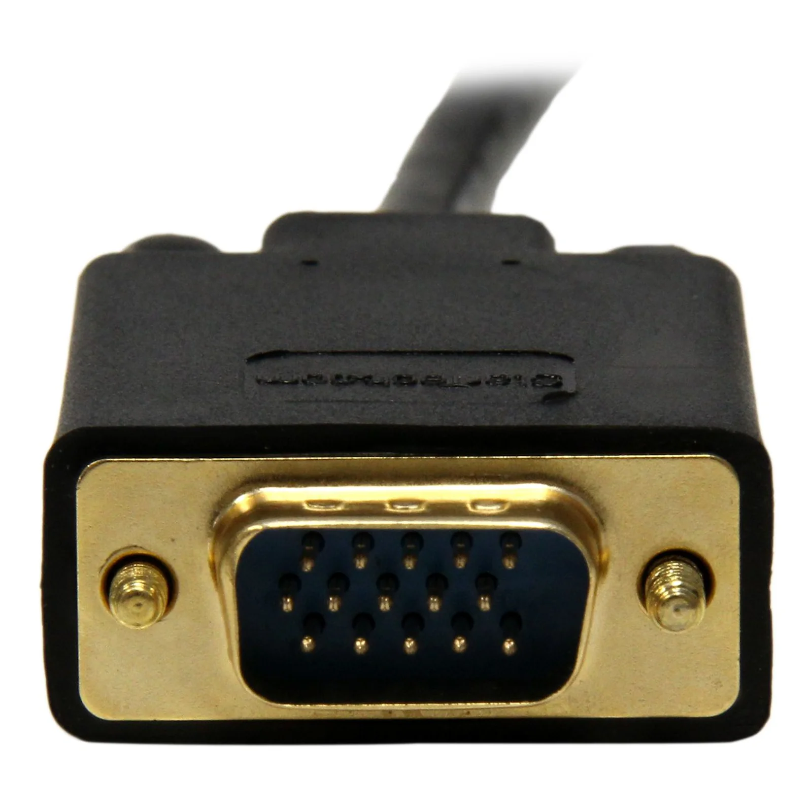 Vue de face connecteur VGA D-Sub 15 broches mâle, contacts et vis de fixation dorés, boîtier noir
